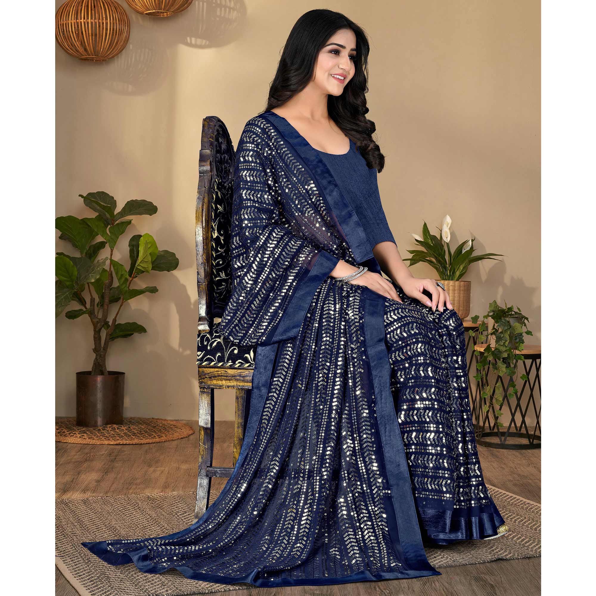 Navy Blue Sequins Embroidered Georgette Saree