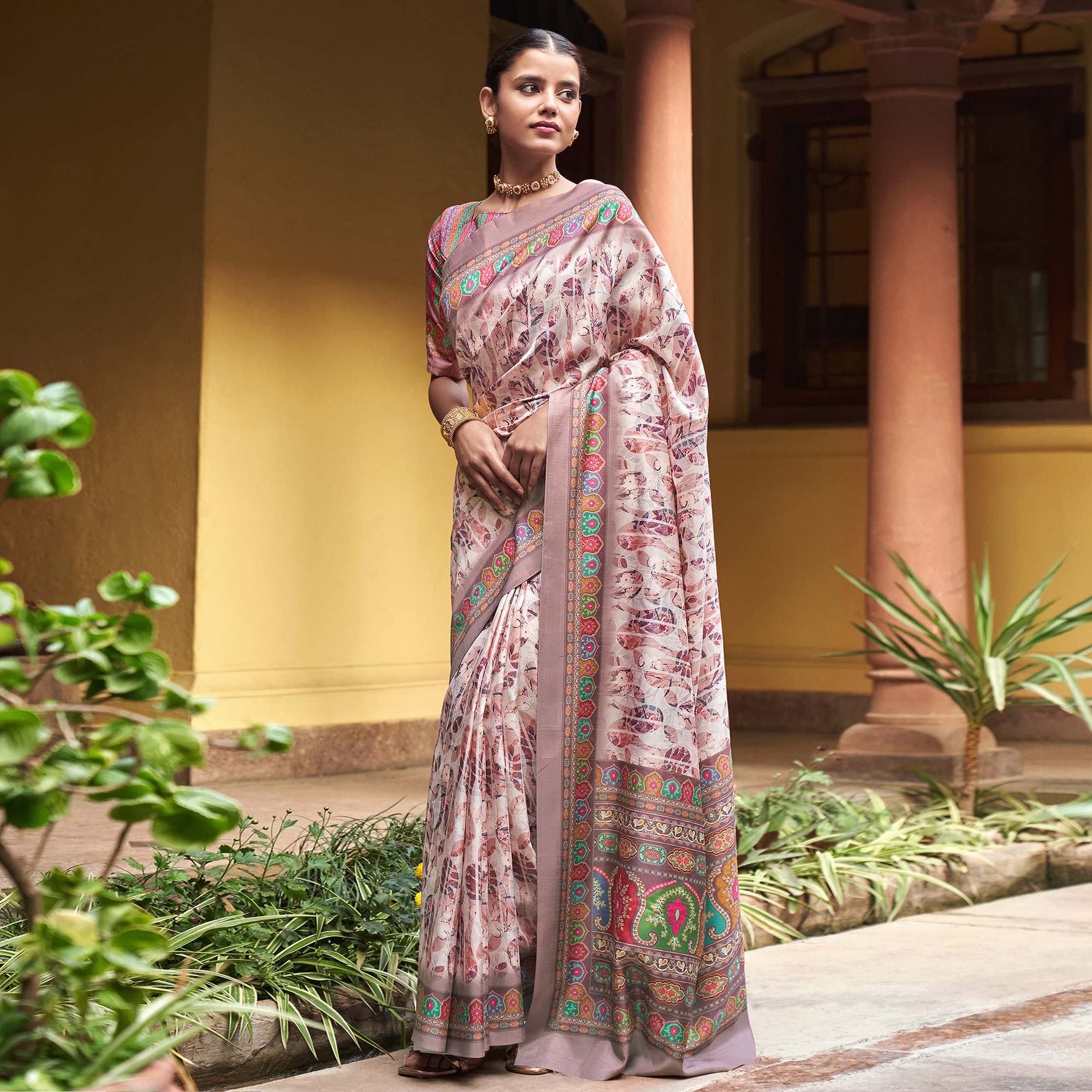 Brown Digital Printed Satin Saree