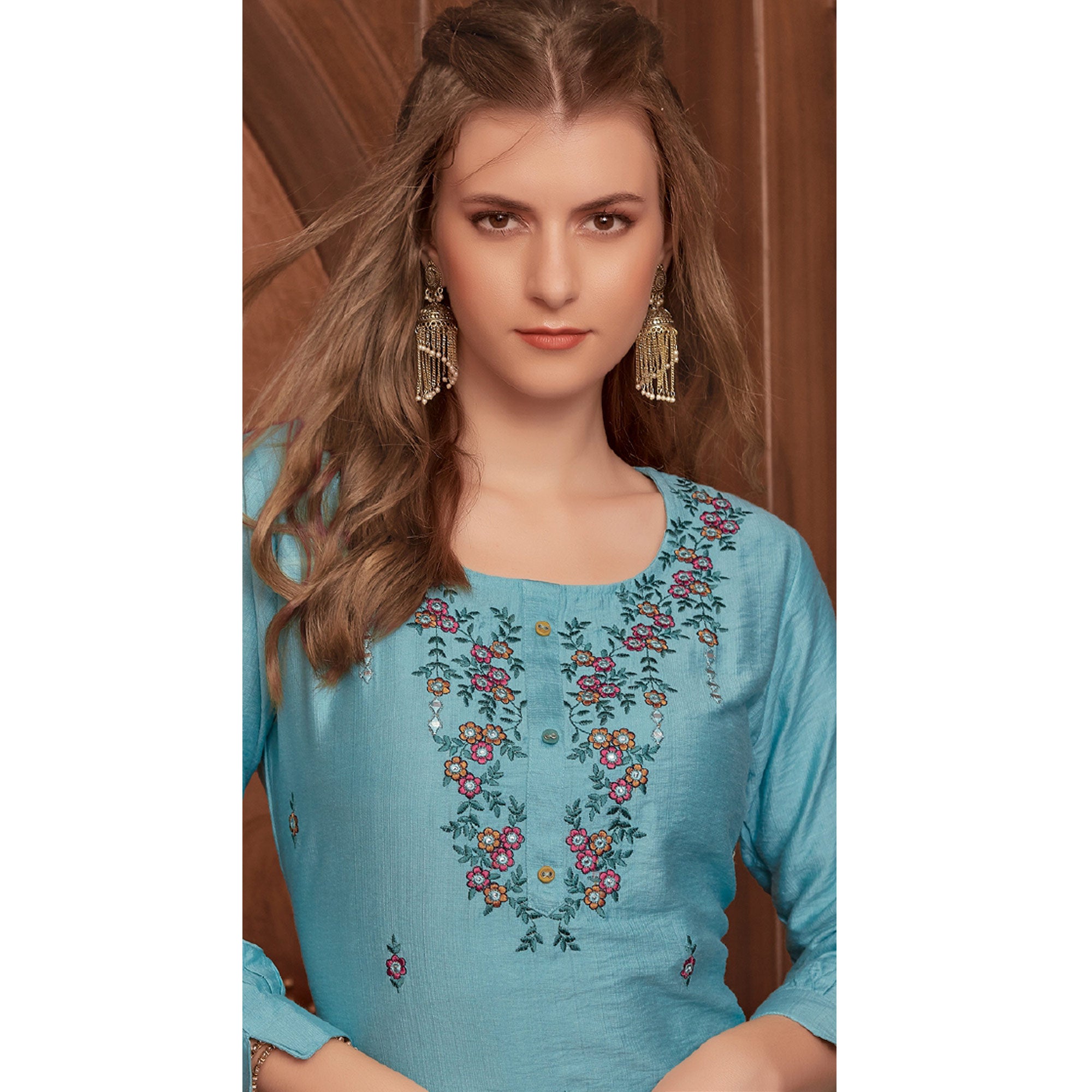 Blue Floral Embroidered Rayon Kurti