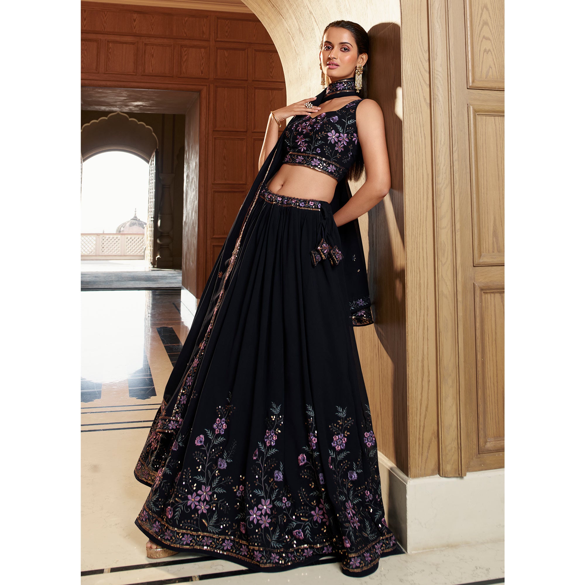 Navy Blue Sequins Embroidered Georgette Lehenga Choli