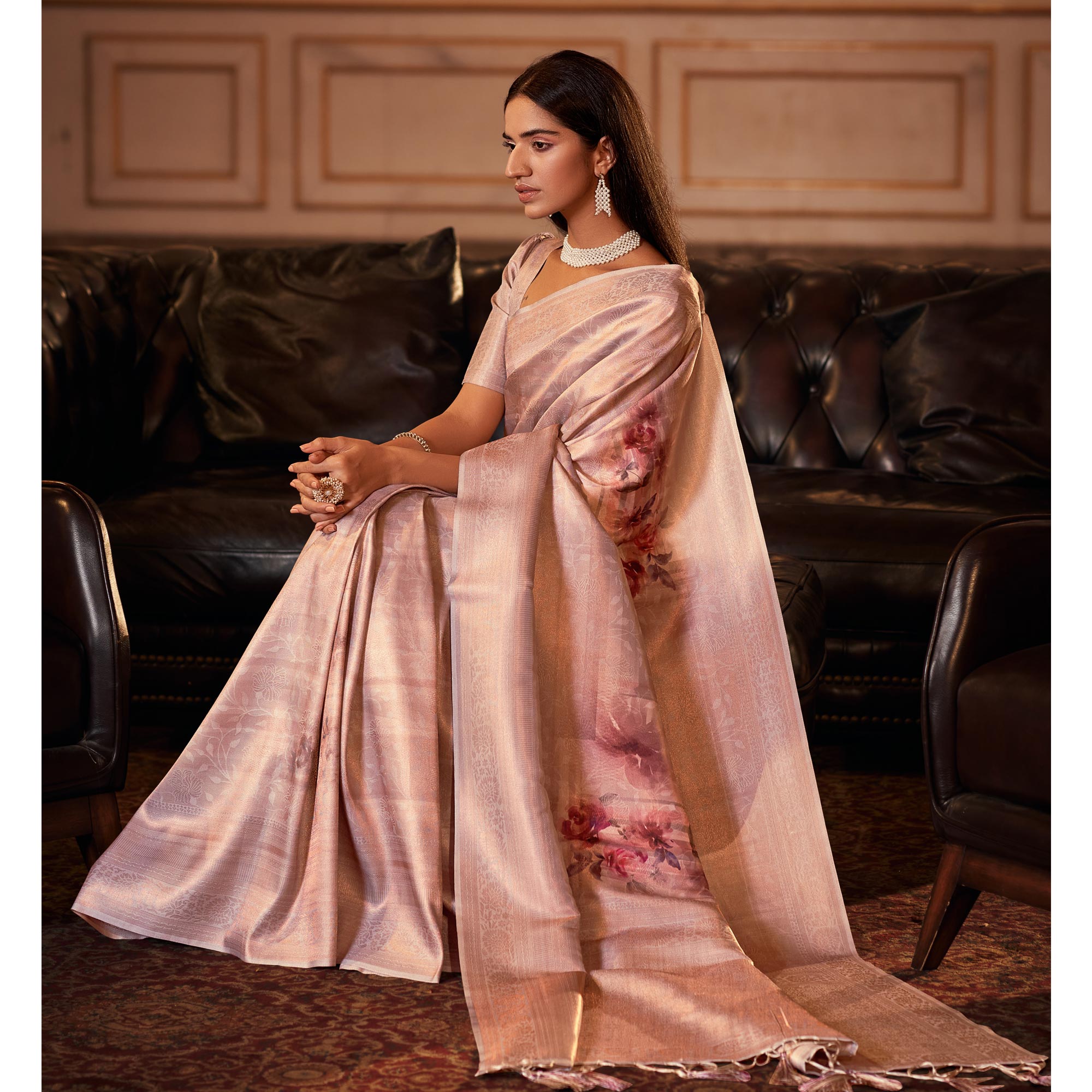 Beige Woven Jacquard Saree With Tassels