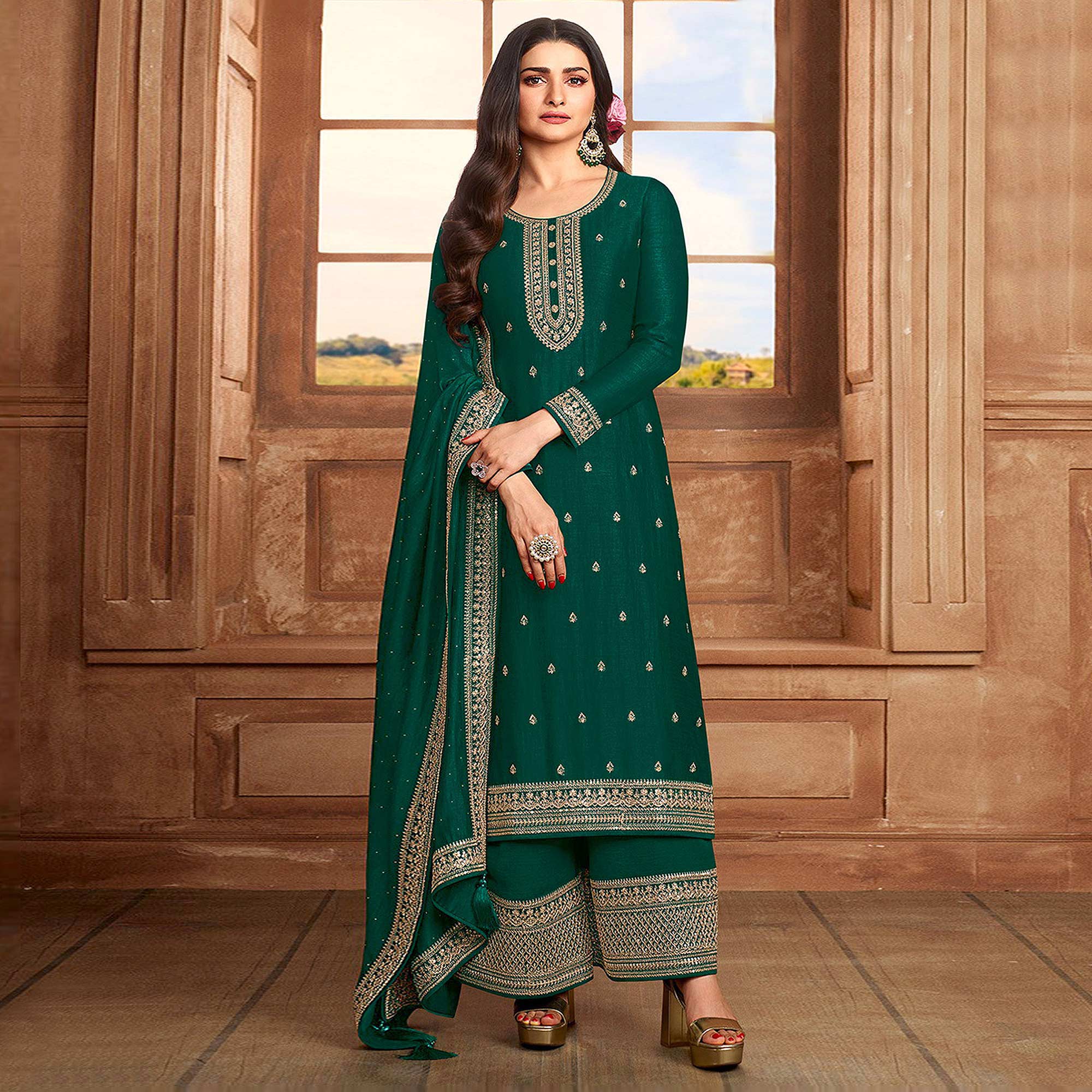 Green Floral Embroidered Georgette Semi Stitched Palazzo Suit