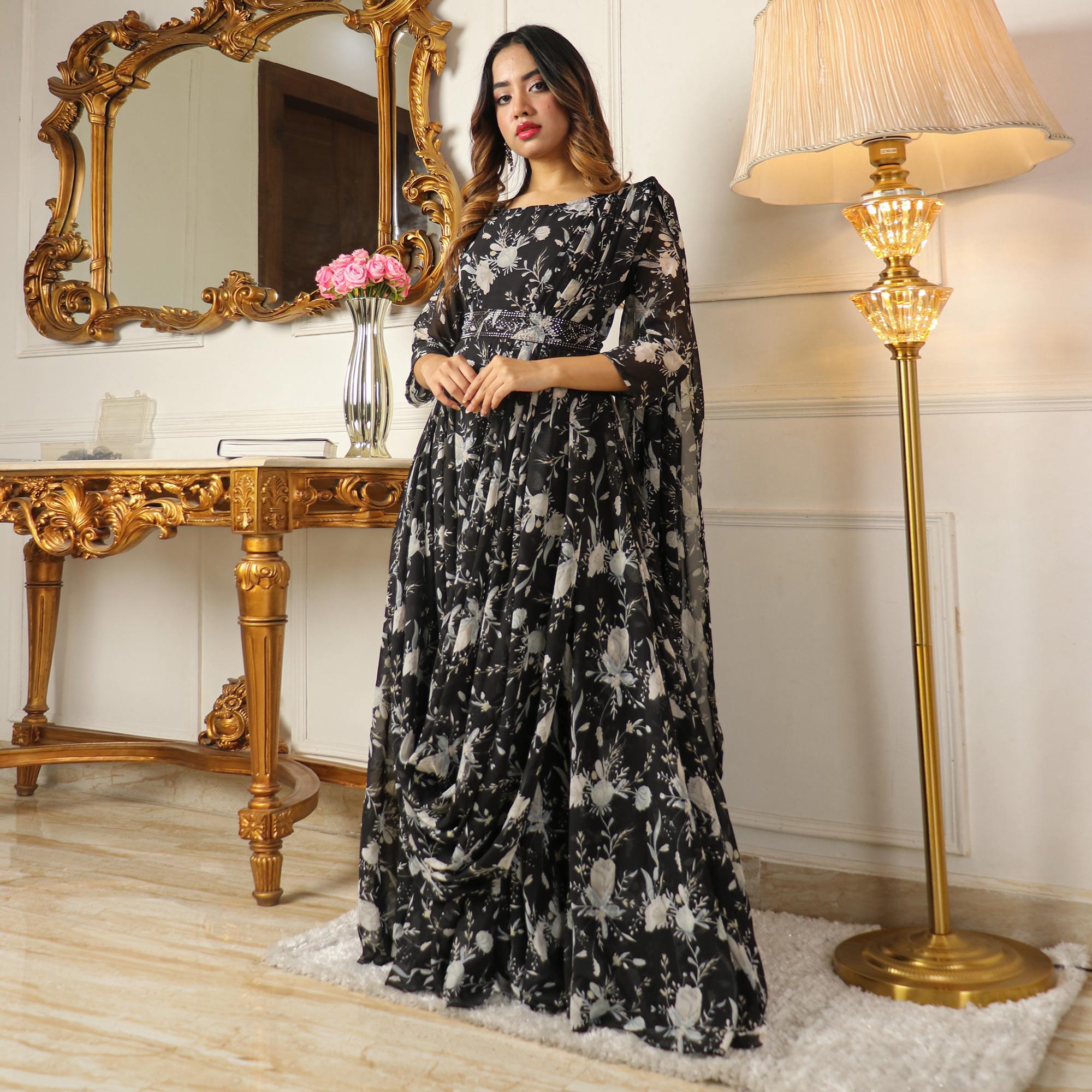 Black Floral Printed With Stone Work Georgette Gown