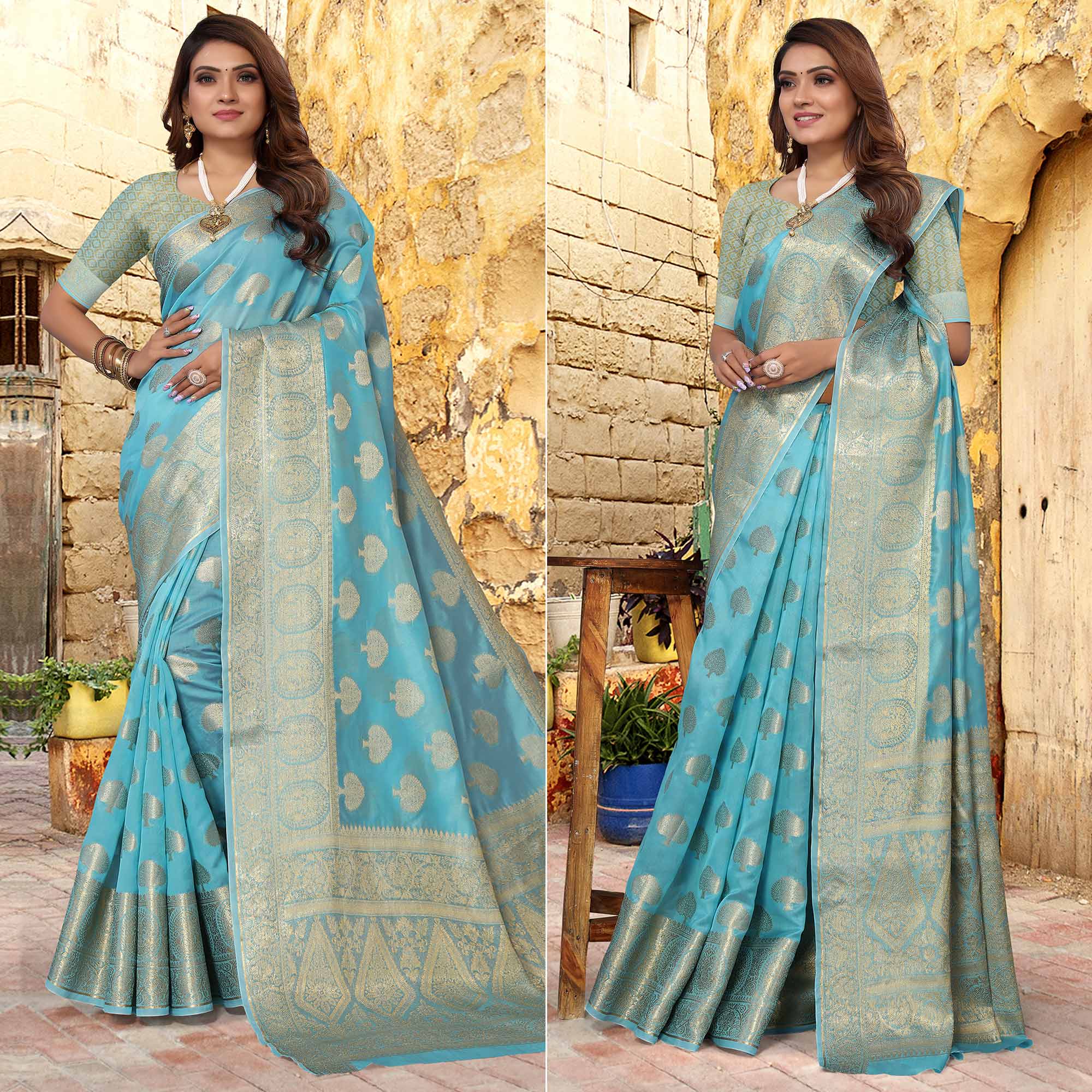 Sky Blue Woven Organza Saree