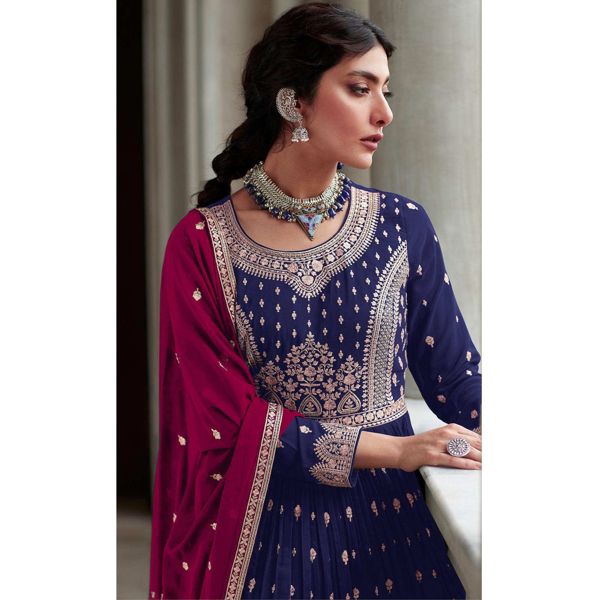 Navy Blue Floral Embroidered Georgette Sharara Suit