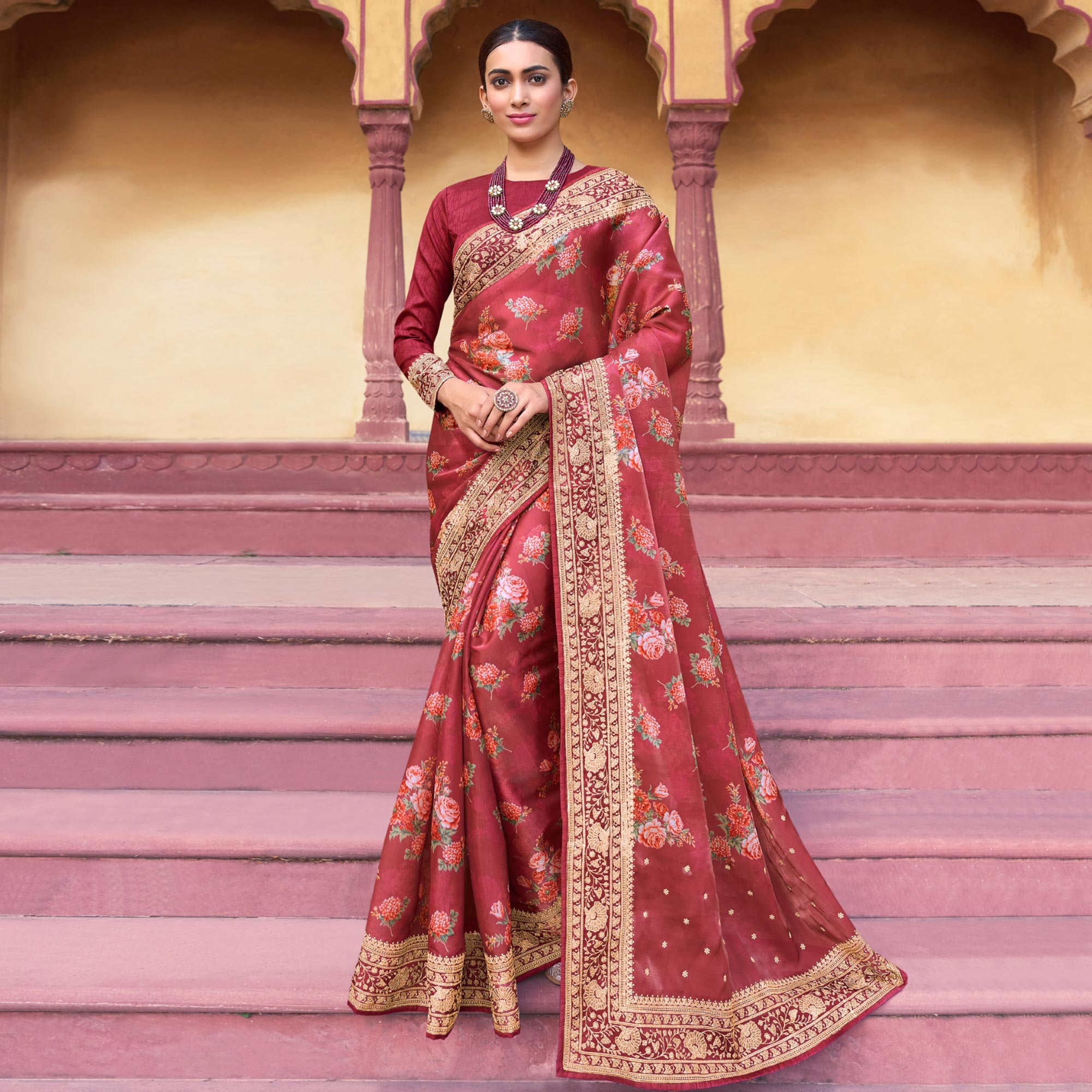 Red Floral Printed With Embroidered Organza Saree