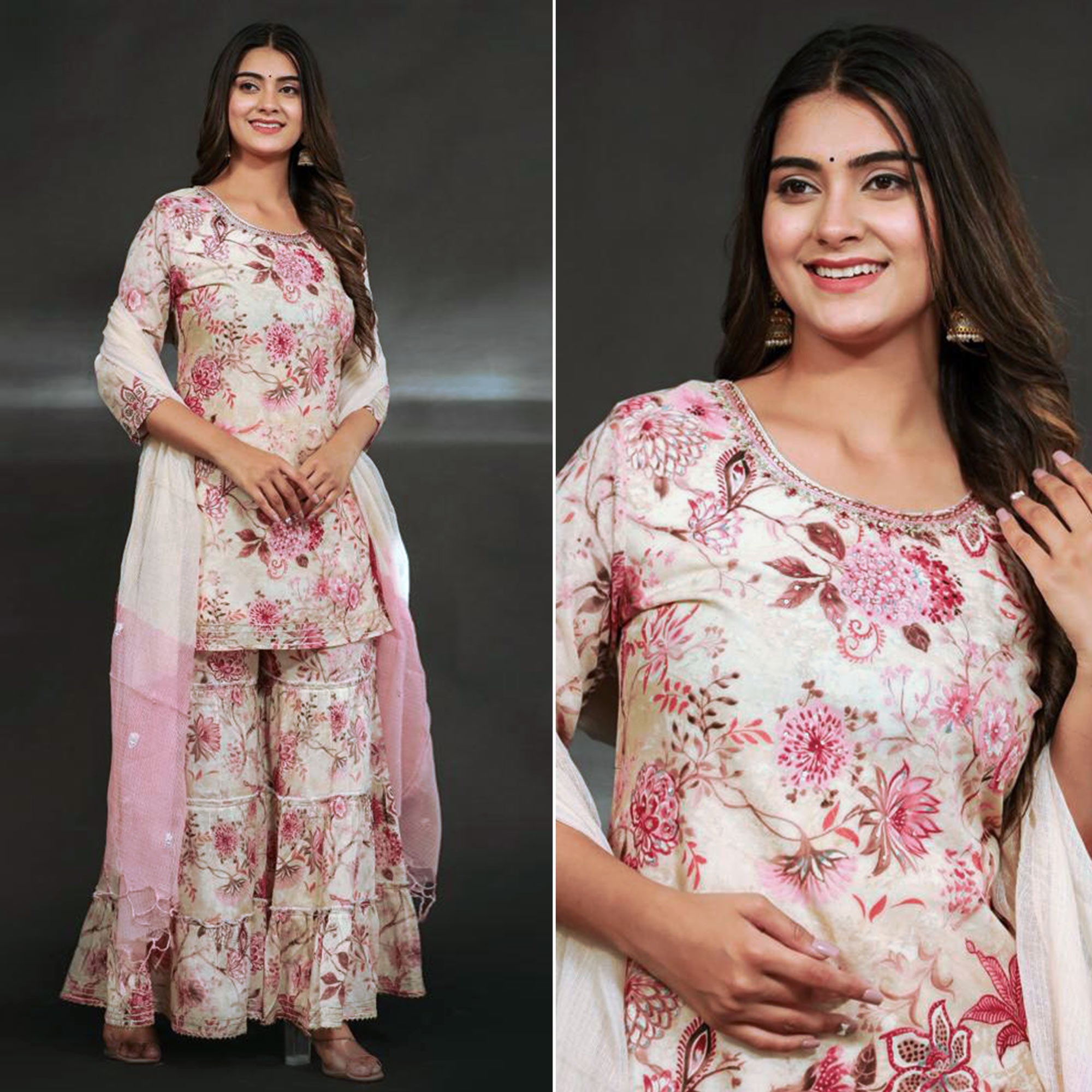 White & Pink Floral Printed Muslin Sharara Suit