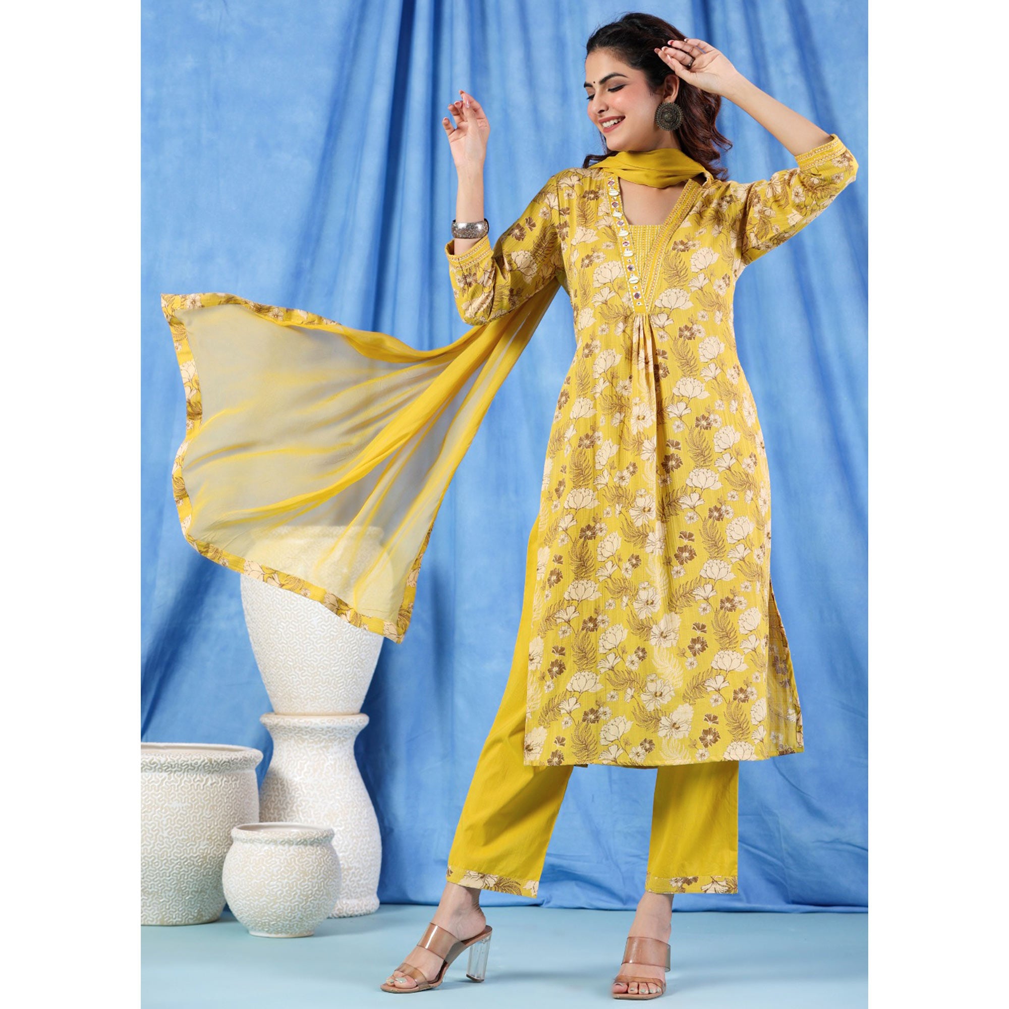 Yellow Floral Printed Pure Cotton Suit