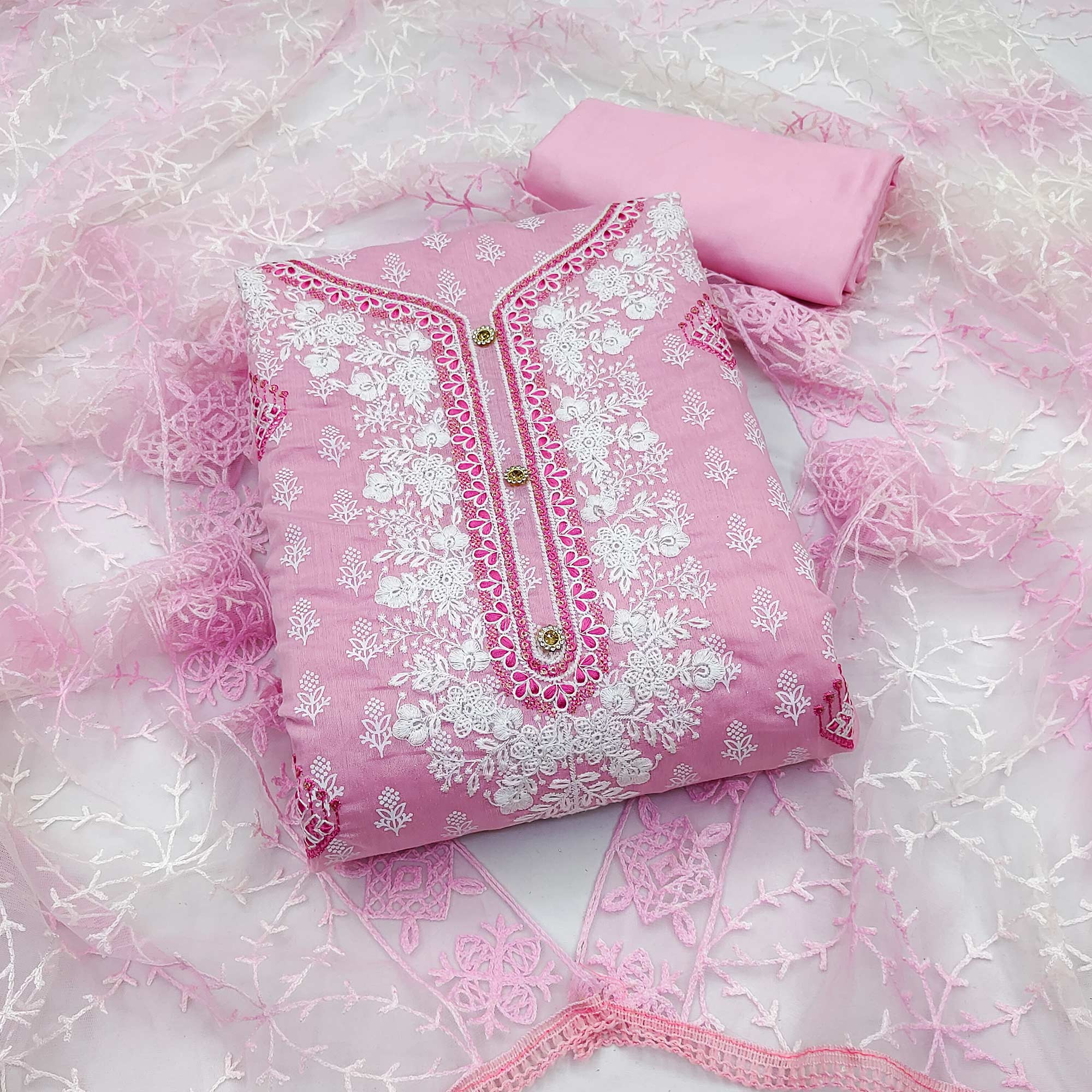 Pink Floral Embroidered Chanderi Dress Material