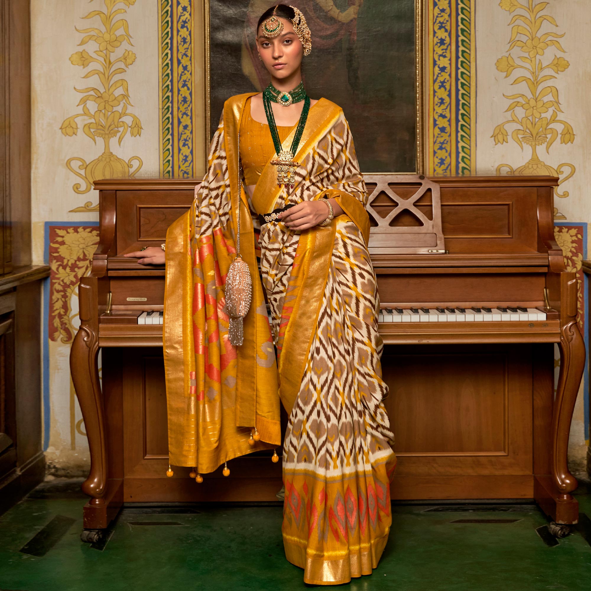 Mustard & Off White Printed Art Silk Saree