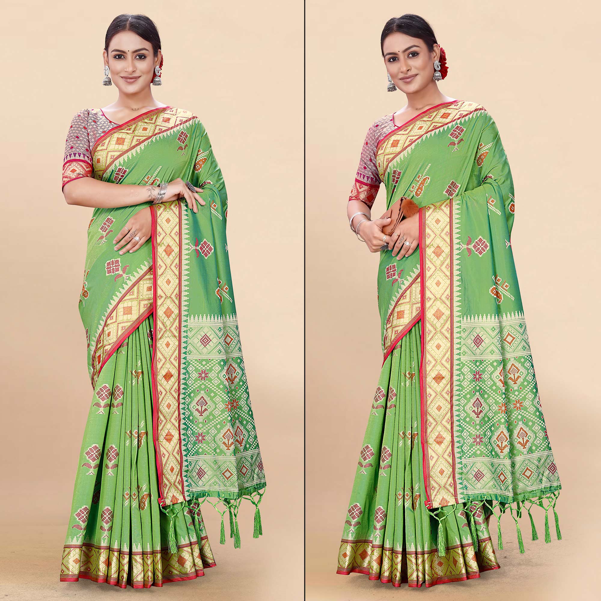 Green Woven Patola Art Silk Saree With Tassels