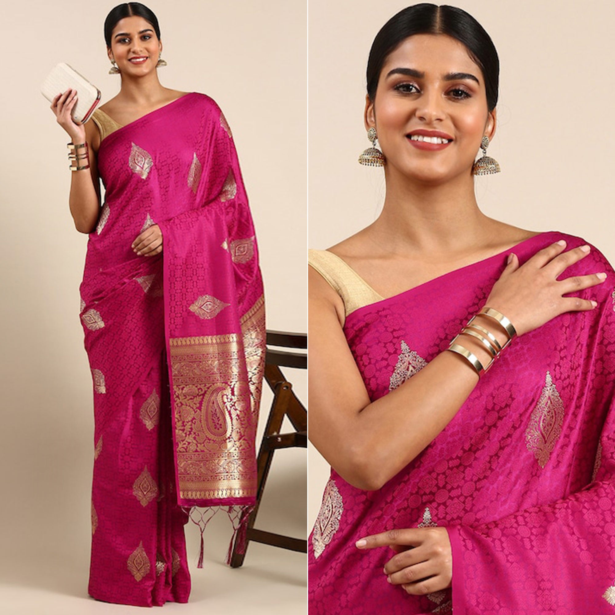 Pink Woven Kanjivaram Silk Saree WithTassels