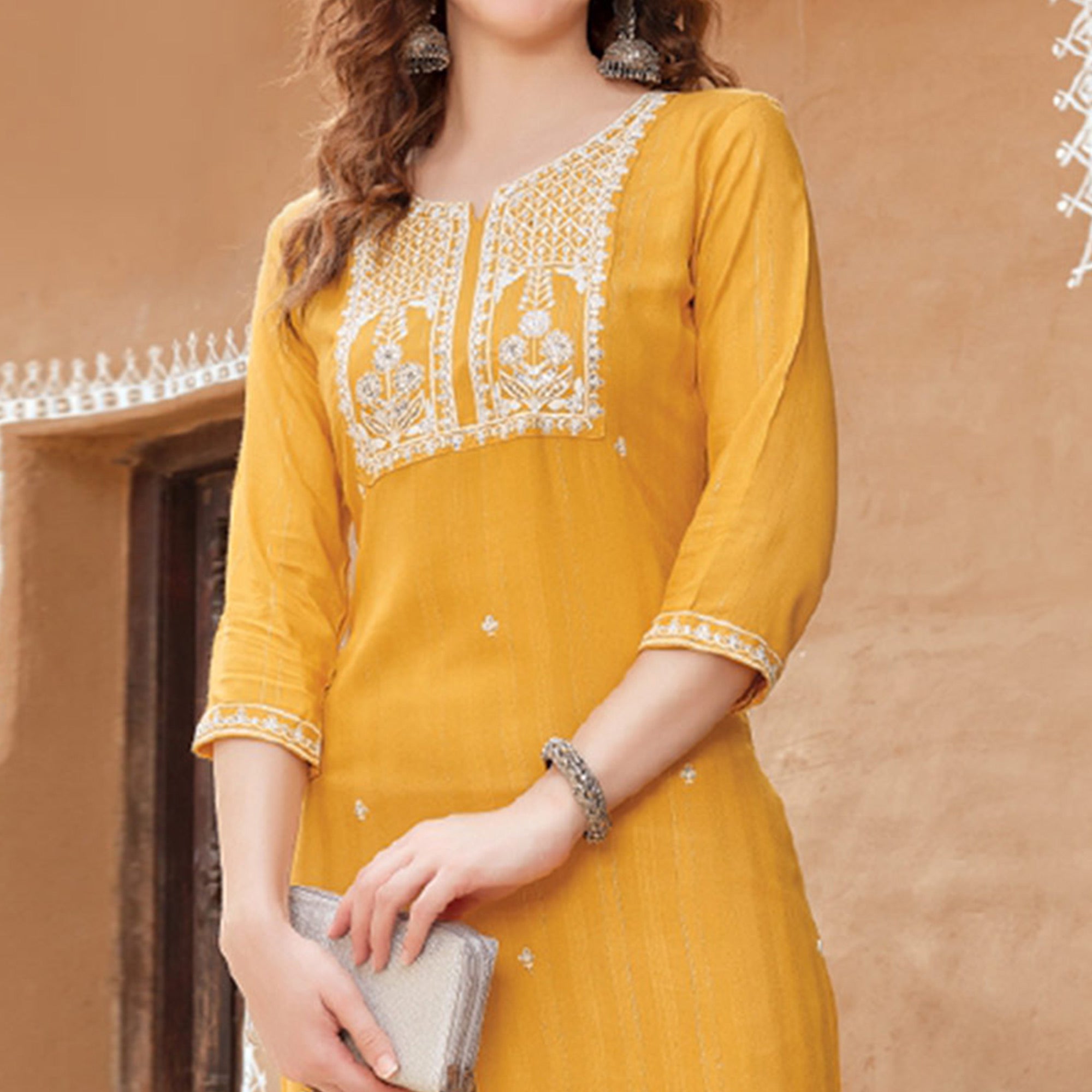 Yellow Floral Embroidered Rayon Kurti