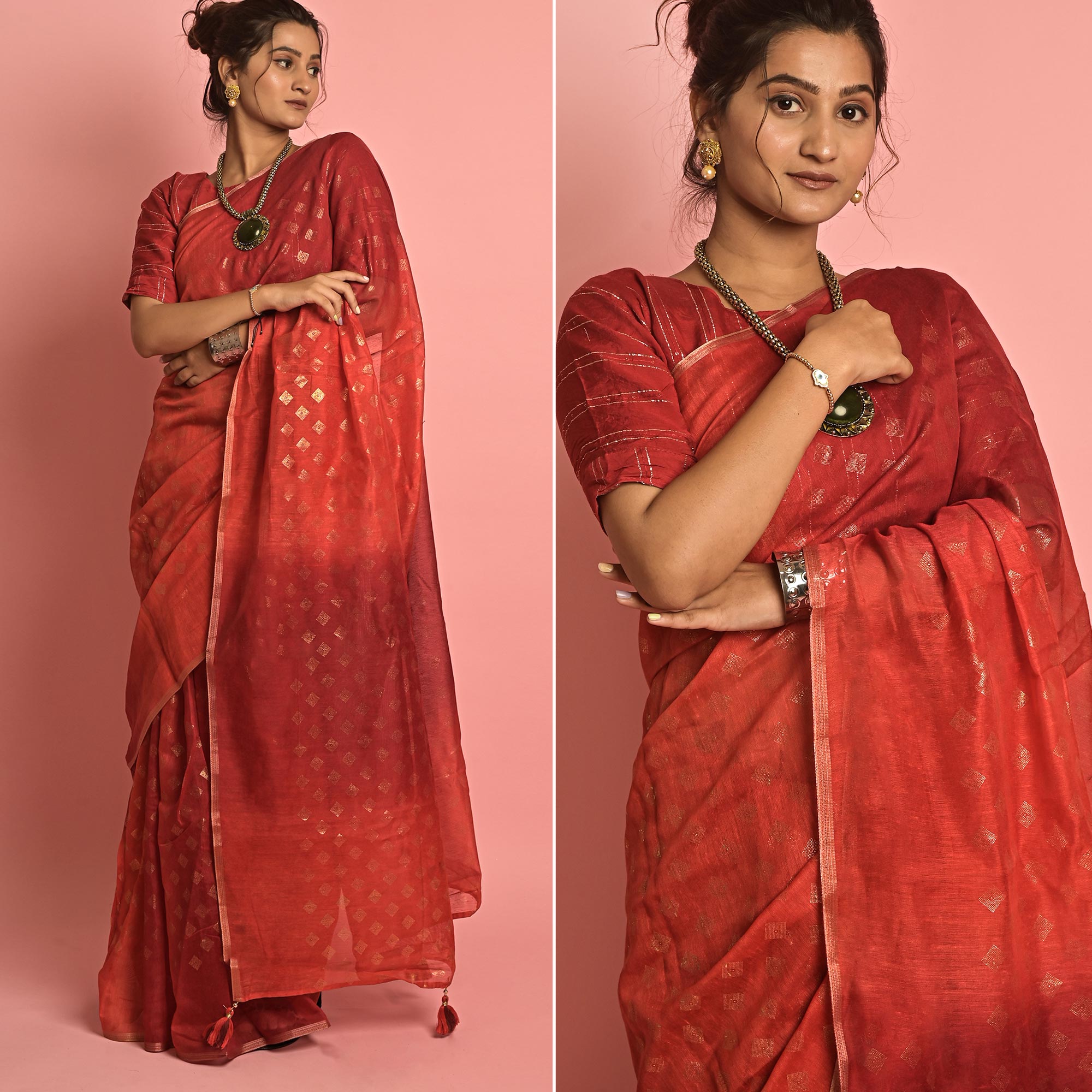 Red & Coral Foil Printed Cotton Blend Saree