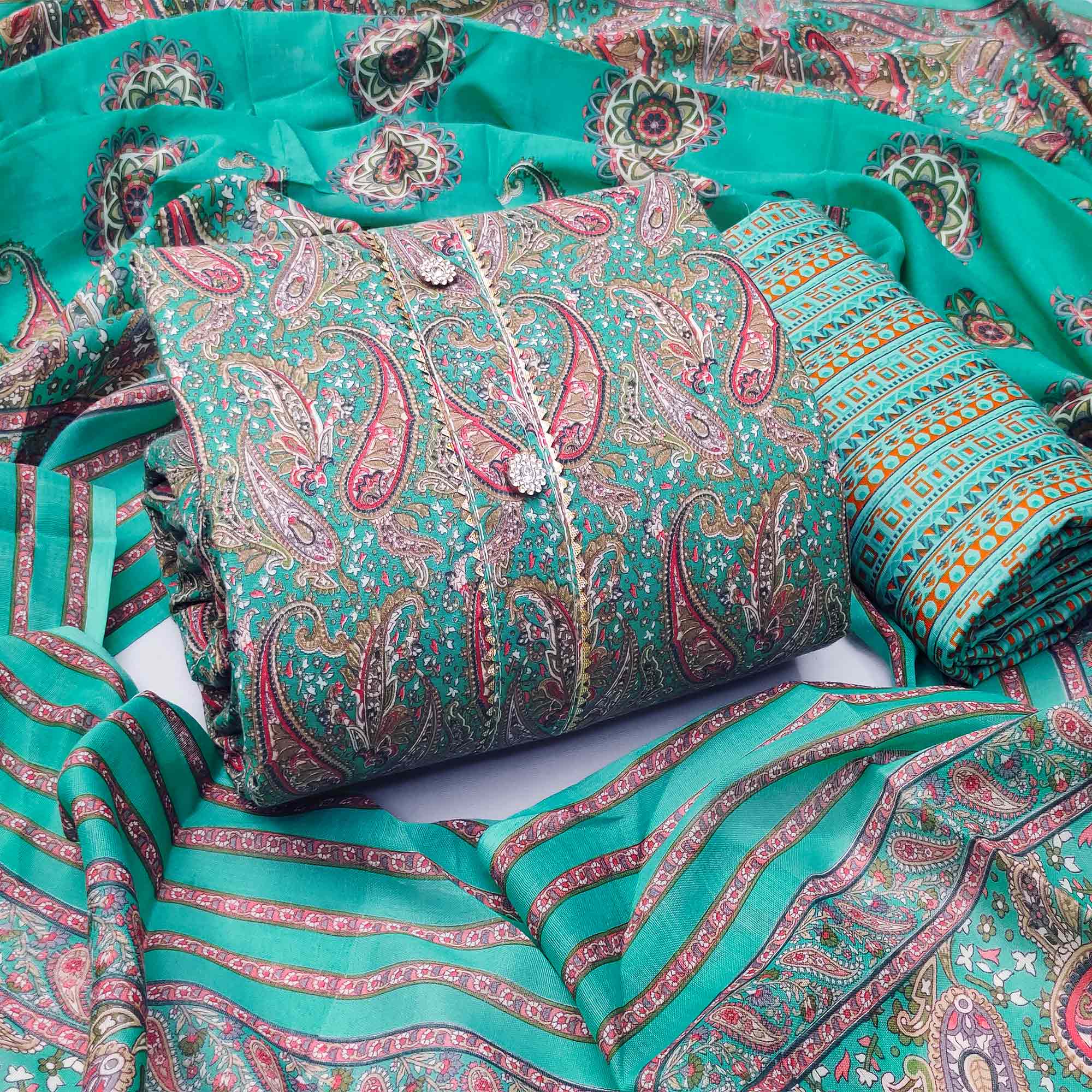 Green Printed Cotton Blend Dress Material