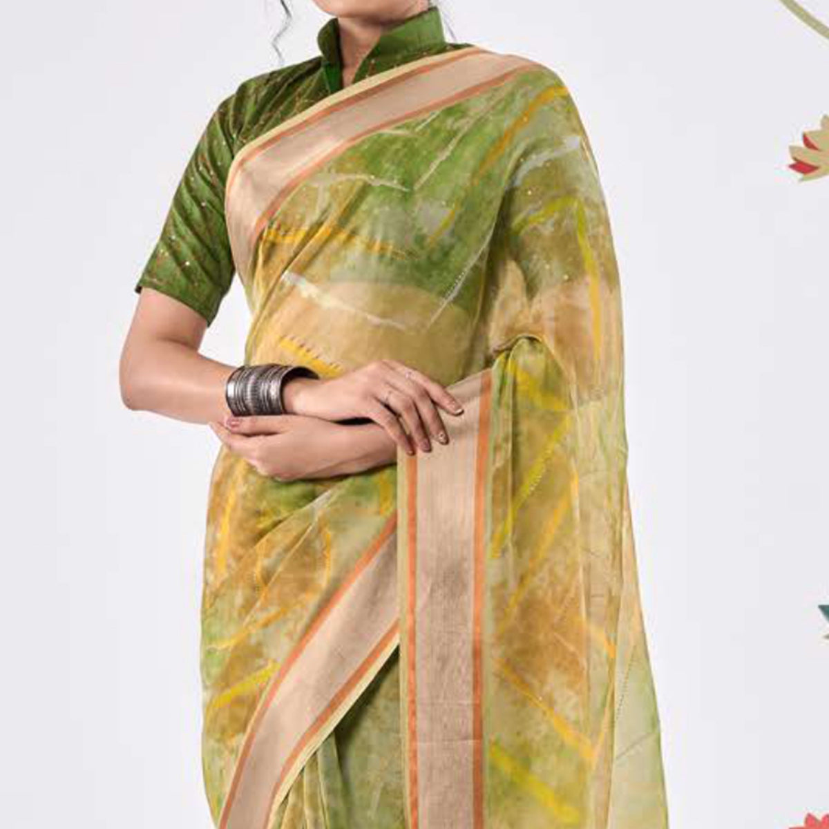 Green Printed Organza Saree With Woven Border