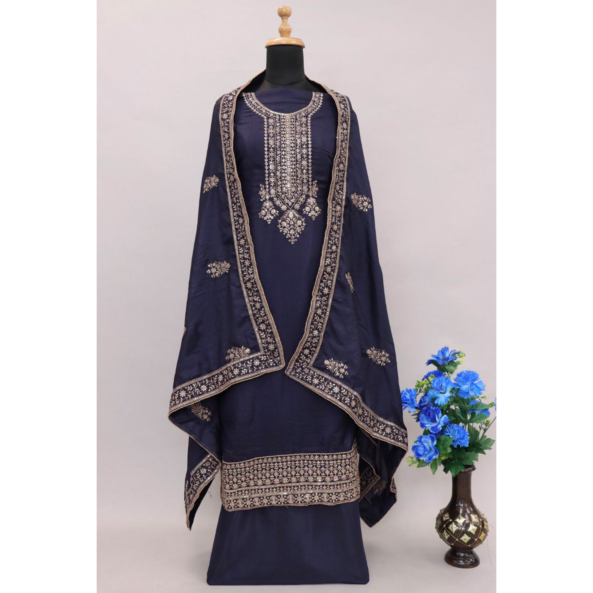 Navy Blue Embroidered Dola Silk Salwar Suit