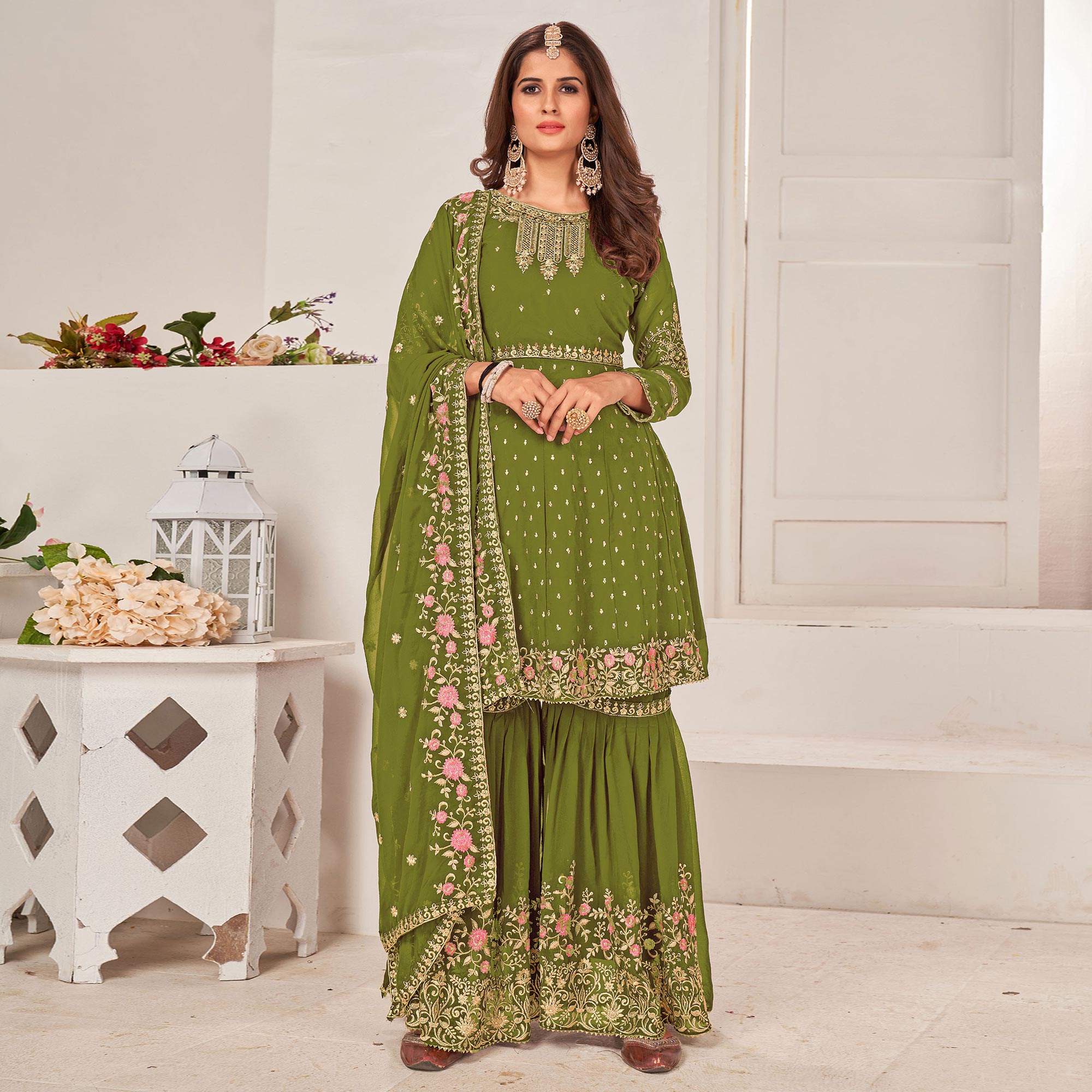 Mehendi Green Sequins Embroidered Georgette Sharara Suit