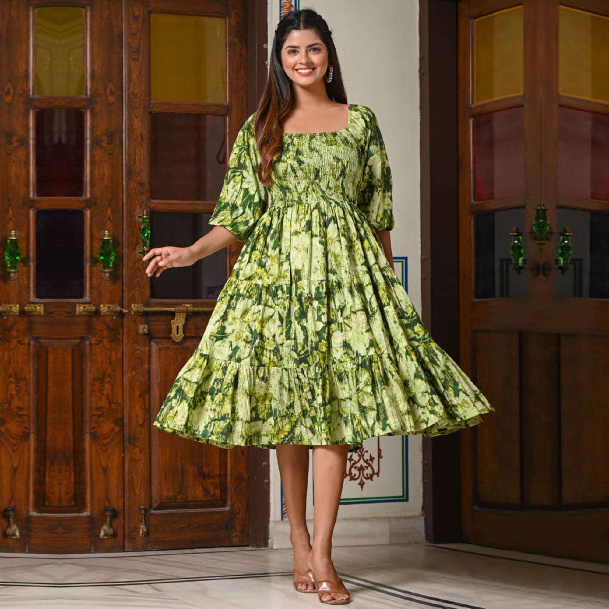 Green Floral Printed Pure Cotton Dress