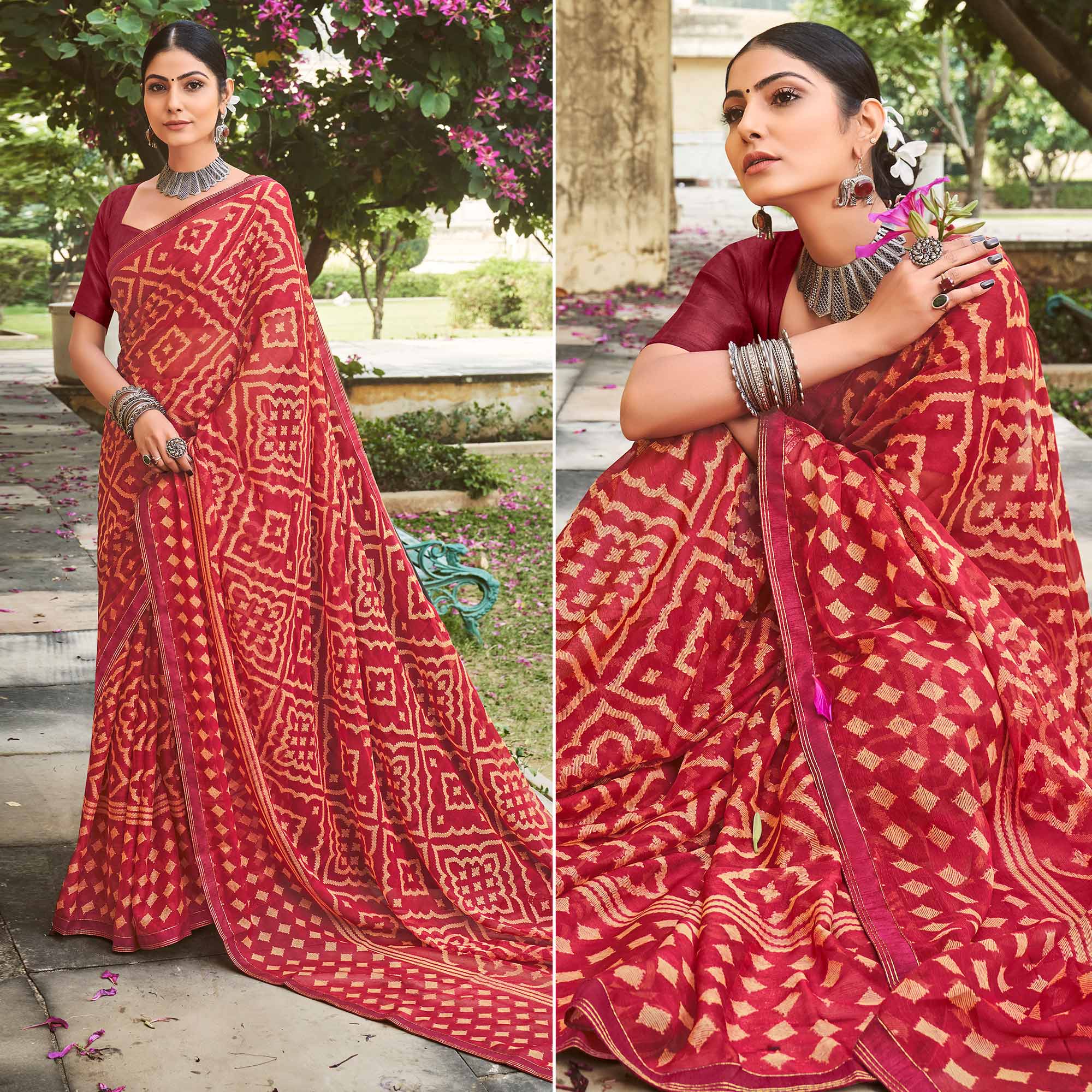 Maroon Printed Chiffon Saree