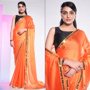 Orange Solid With Embroidered Border Georgette Saree