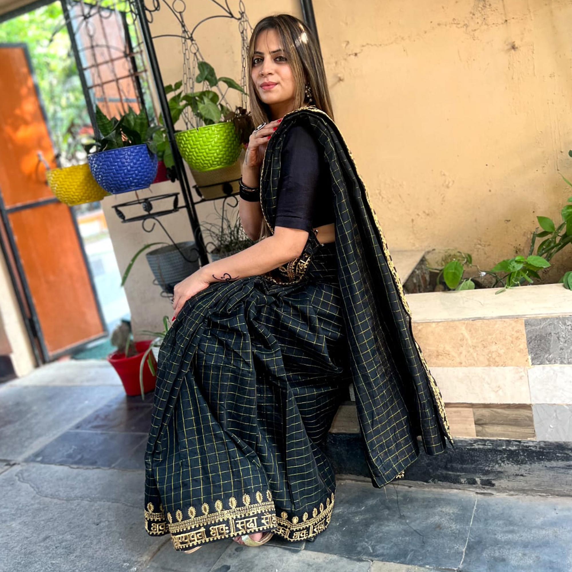 Black Checks With Embroidered Border Modal Saree