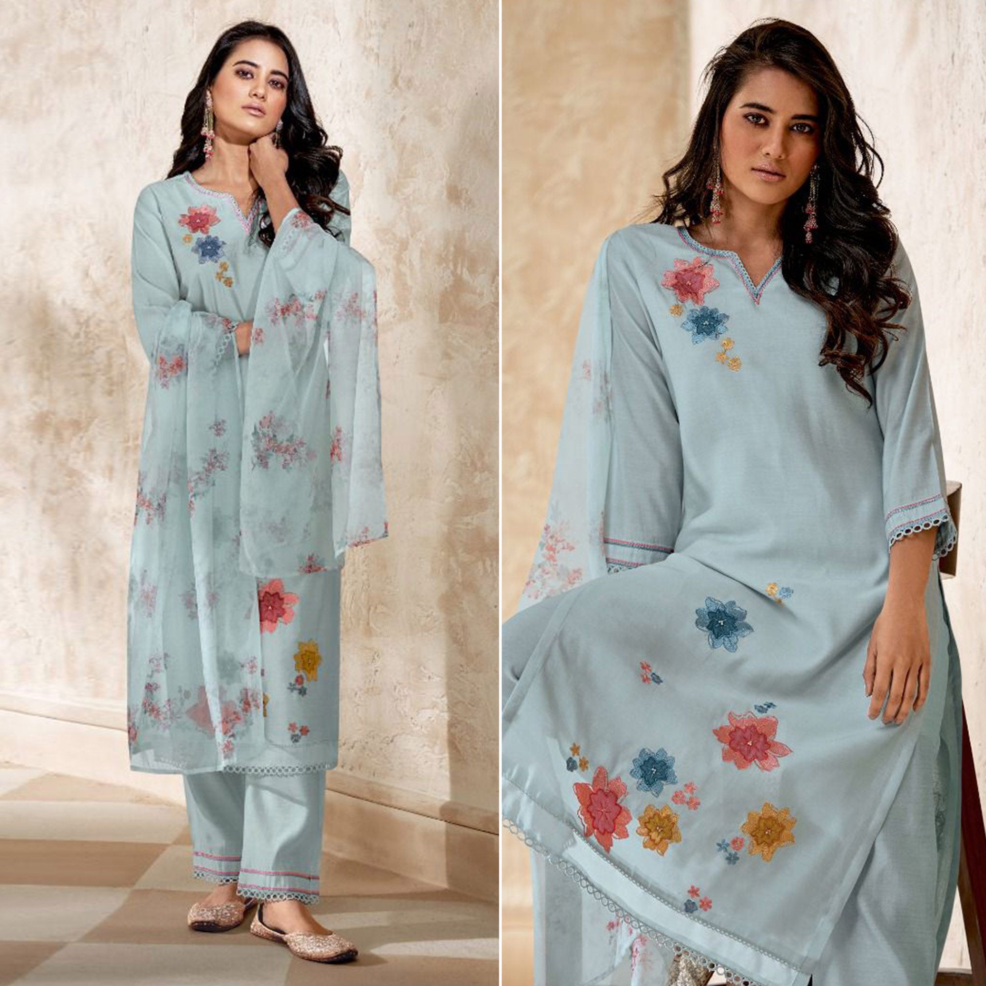 Light Blue Floral Embroidered Viscose Suit