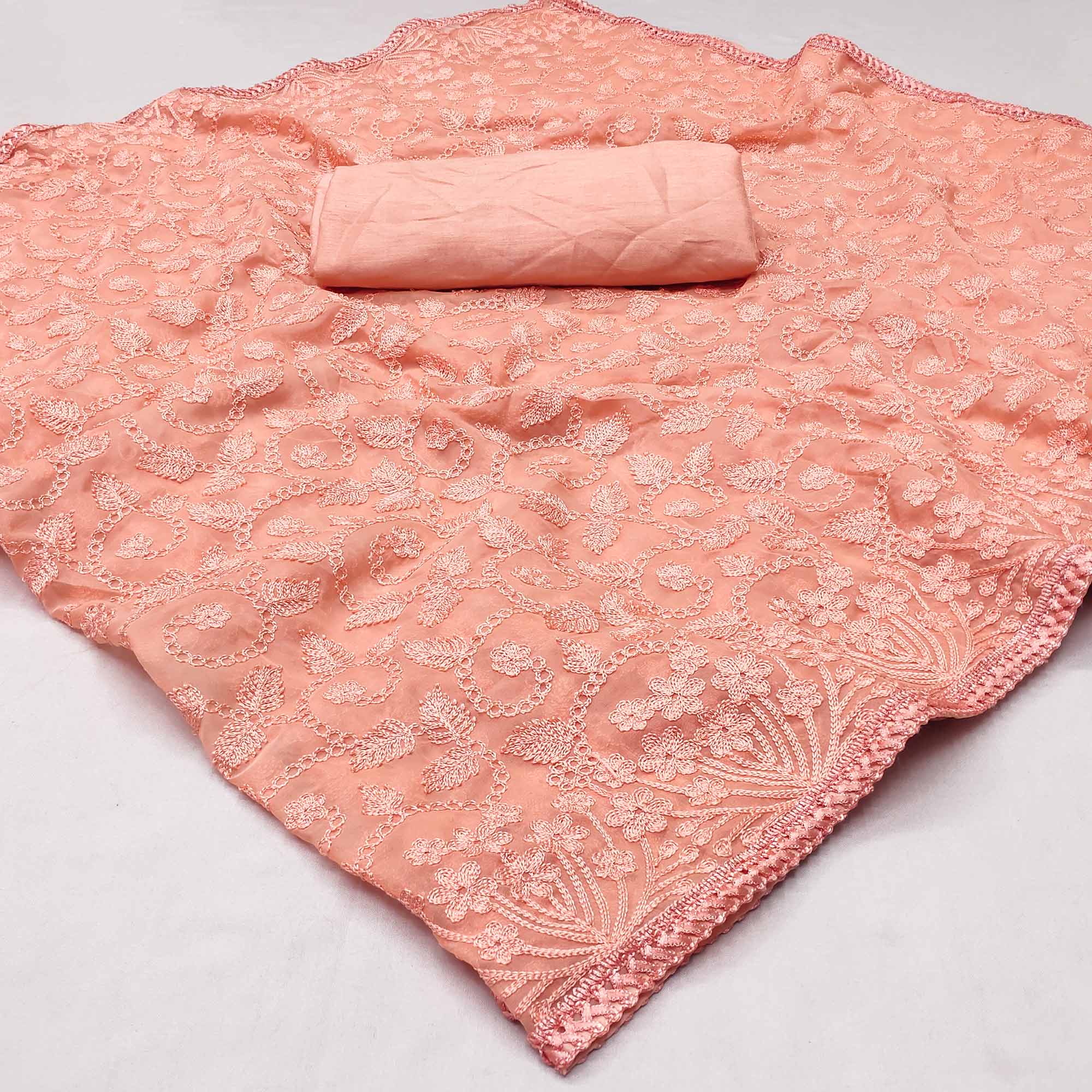 Peach Floral Embroidered Organza Saree