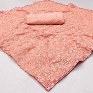 Peach Floral Embroidered Organza Saree