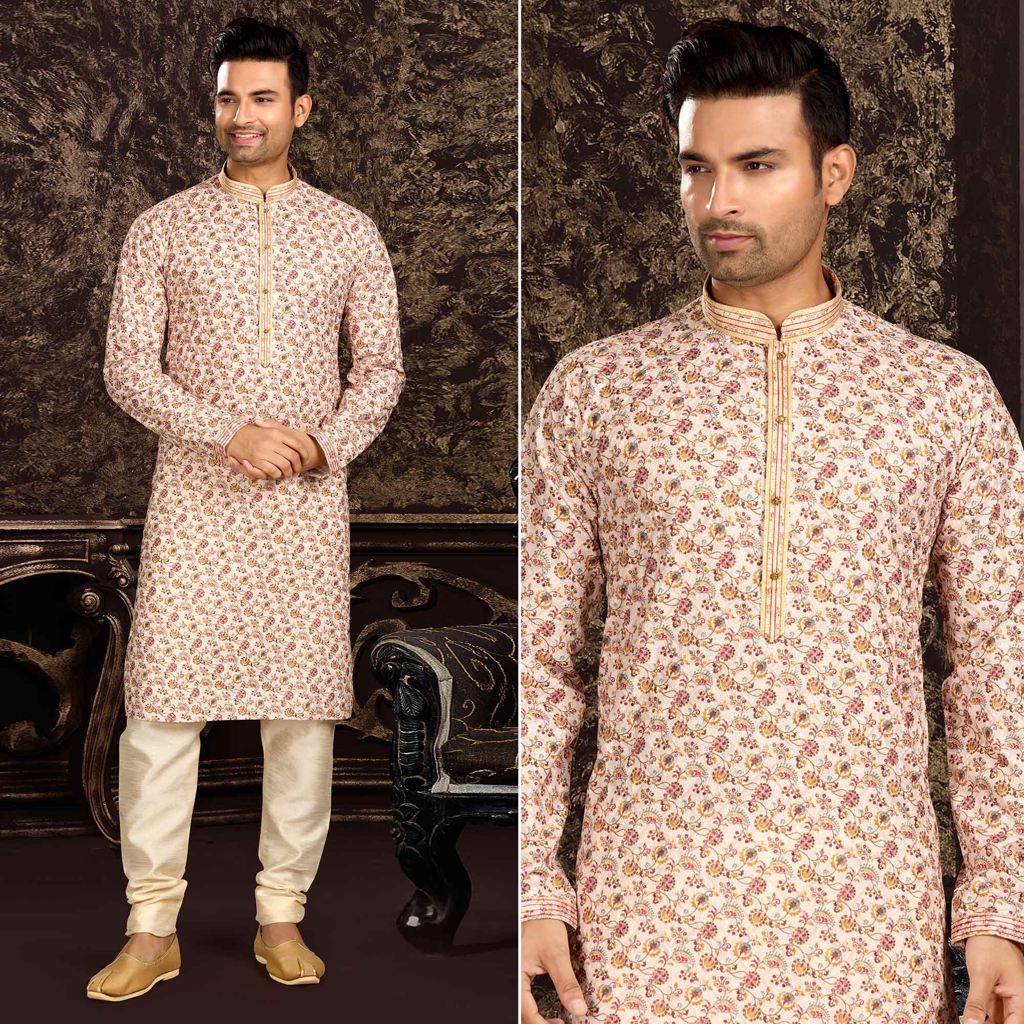 Cream Lucknowi And Digital Printed Cotton Kurta Pyjama Set