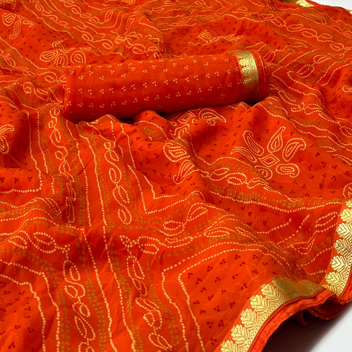 Orange Bandhani Printed Georgette Saree With Designer Border