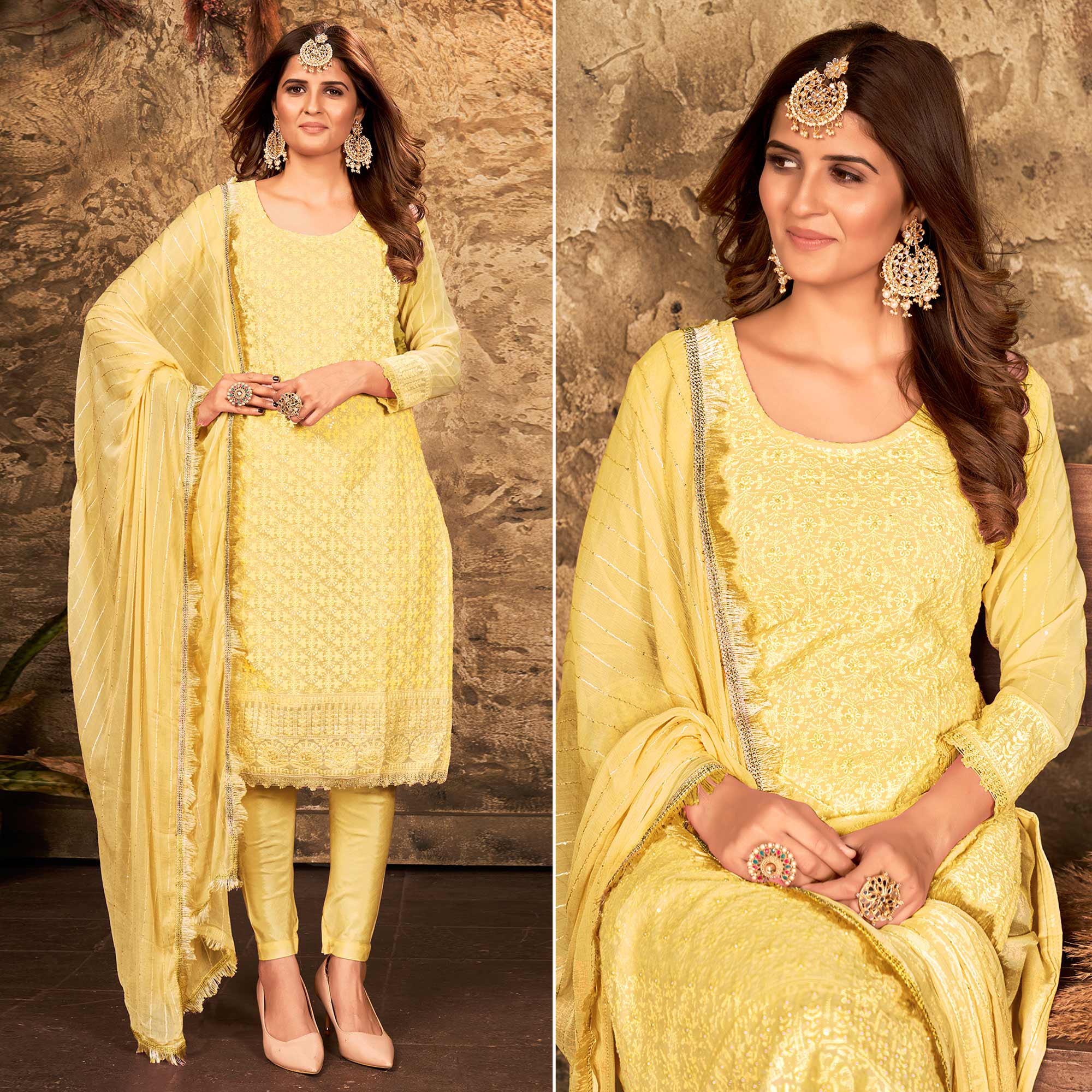 Yellow Floral Sequins Embroidered Georgette Suit