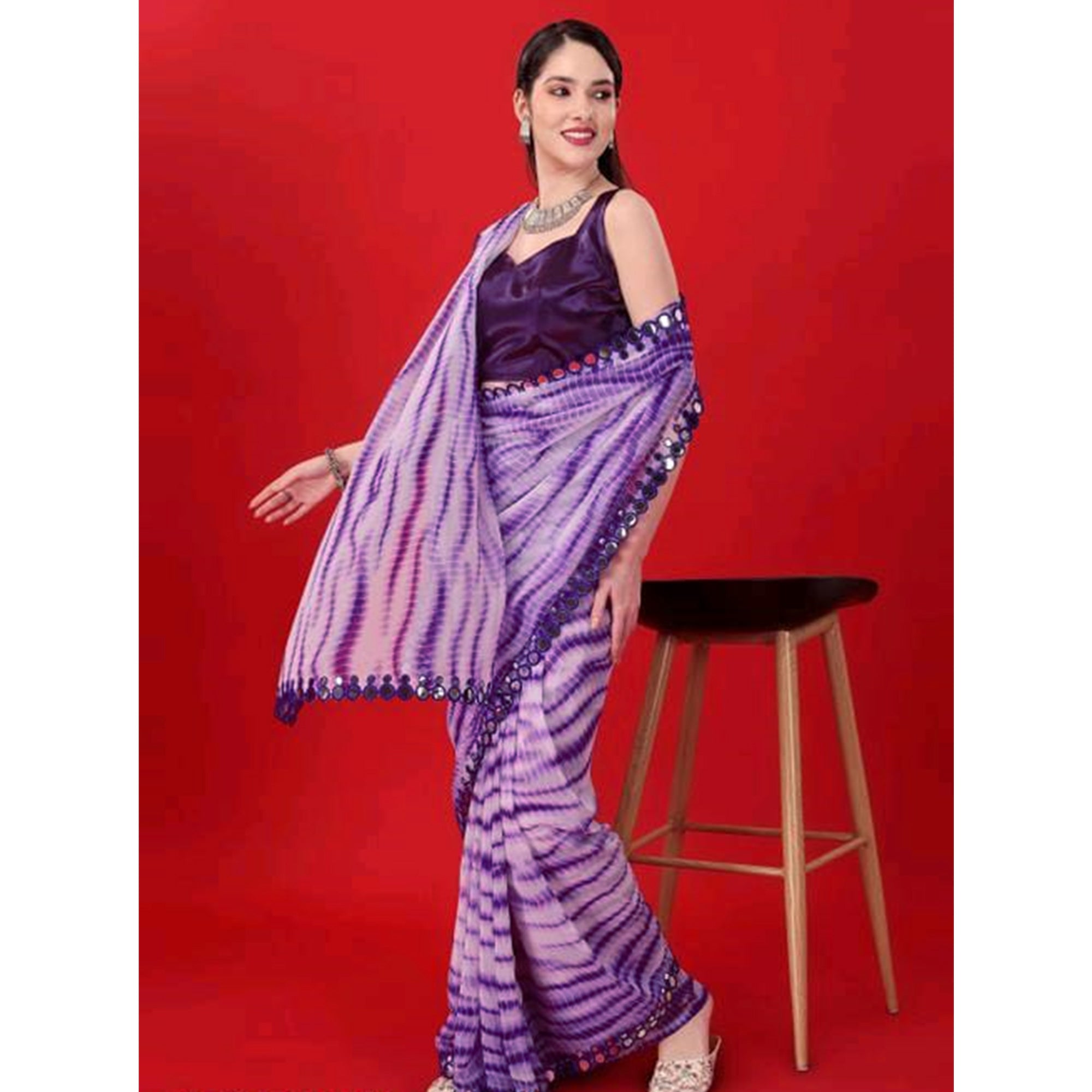 Violet Printed With Fancy Mirror Georgette Saree