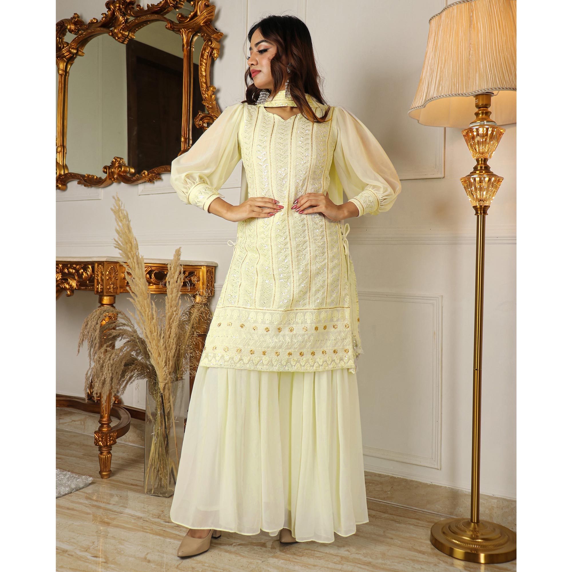 Cream Sequins Embroidered Georgette Sharara Suit