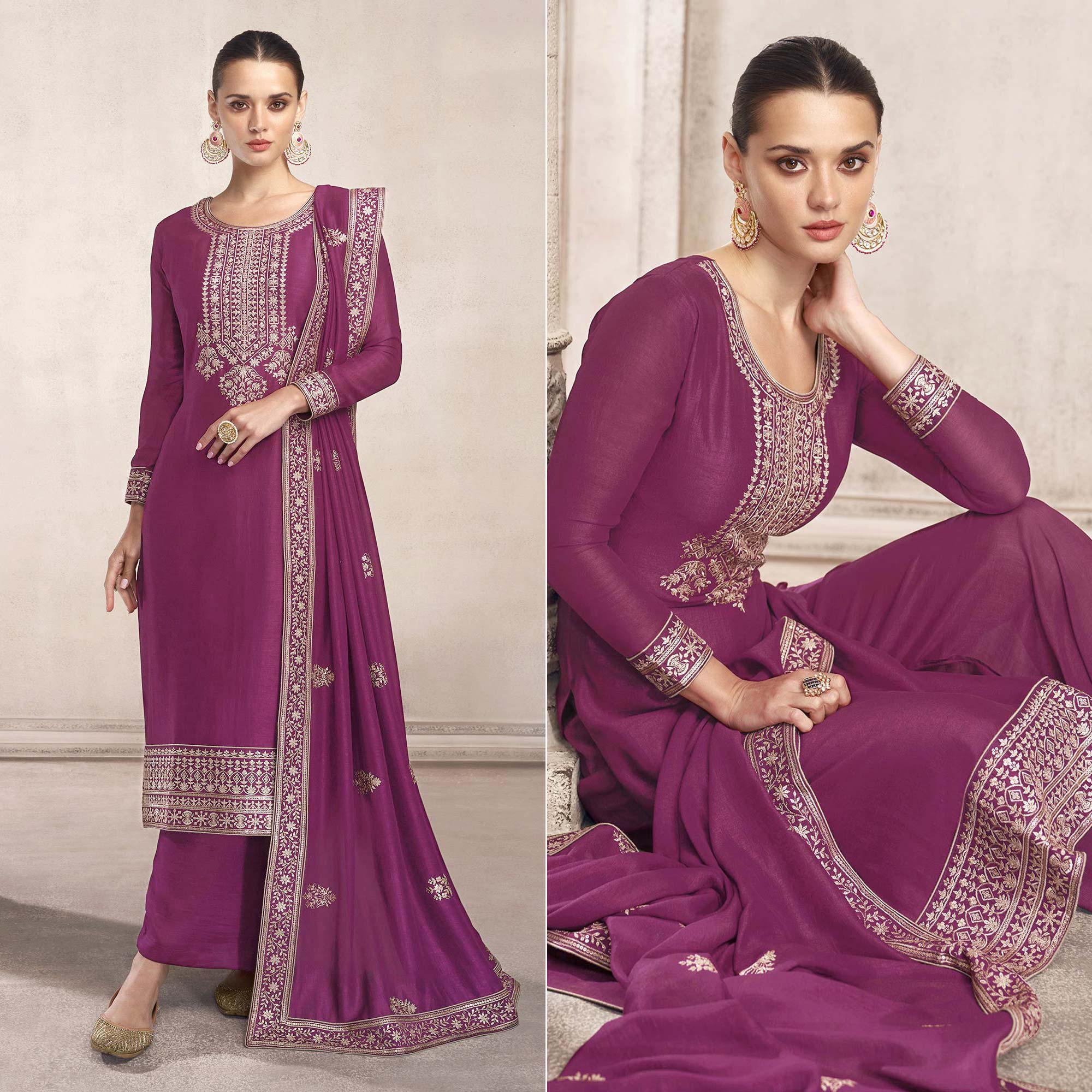 Purple Embroidered Dola Silk Salwar Suit