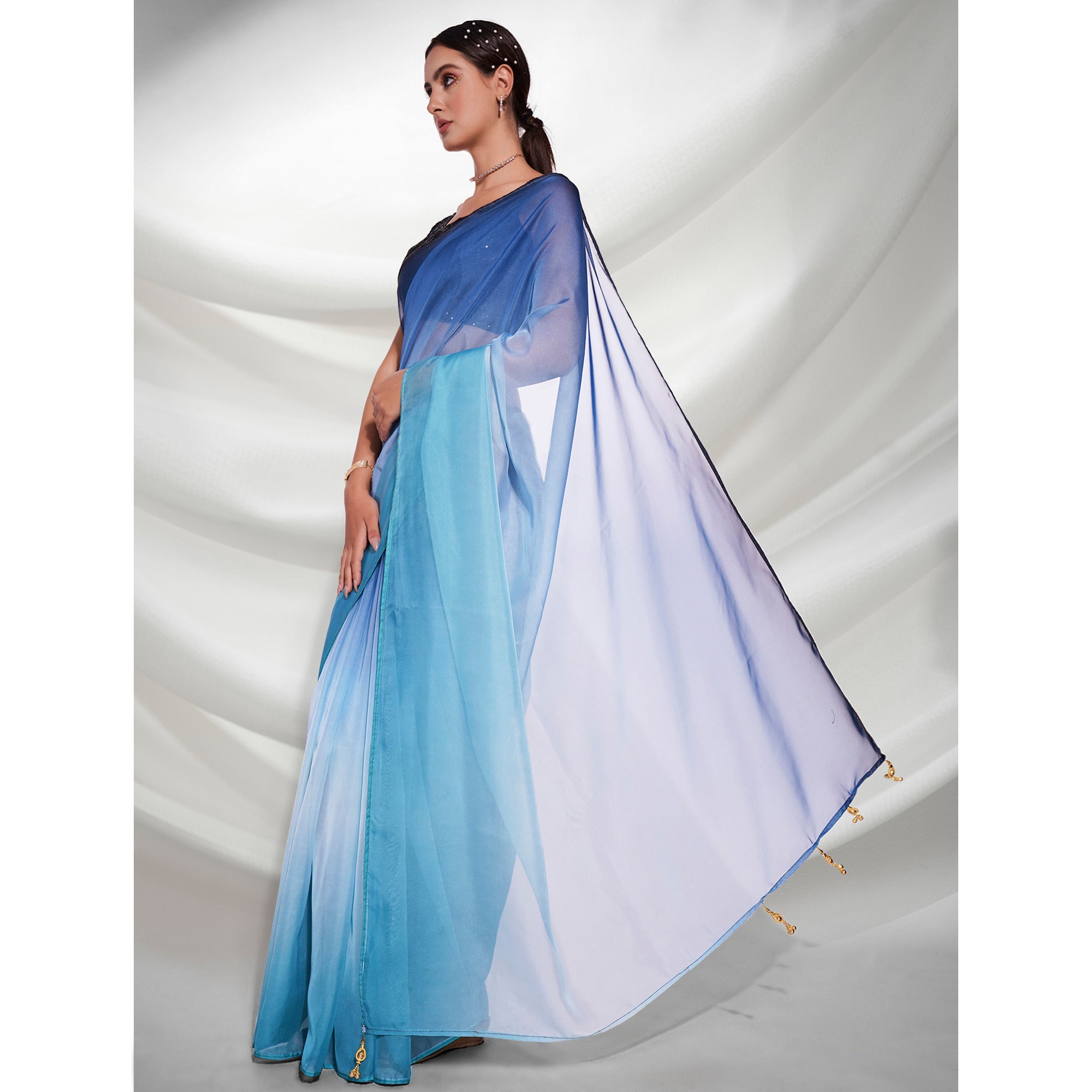 Blue Printed Organza Saree