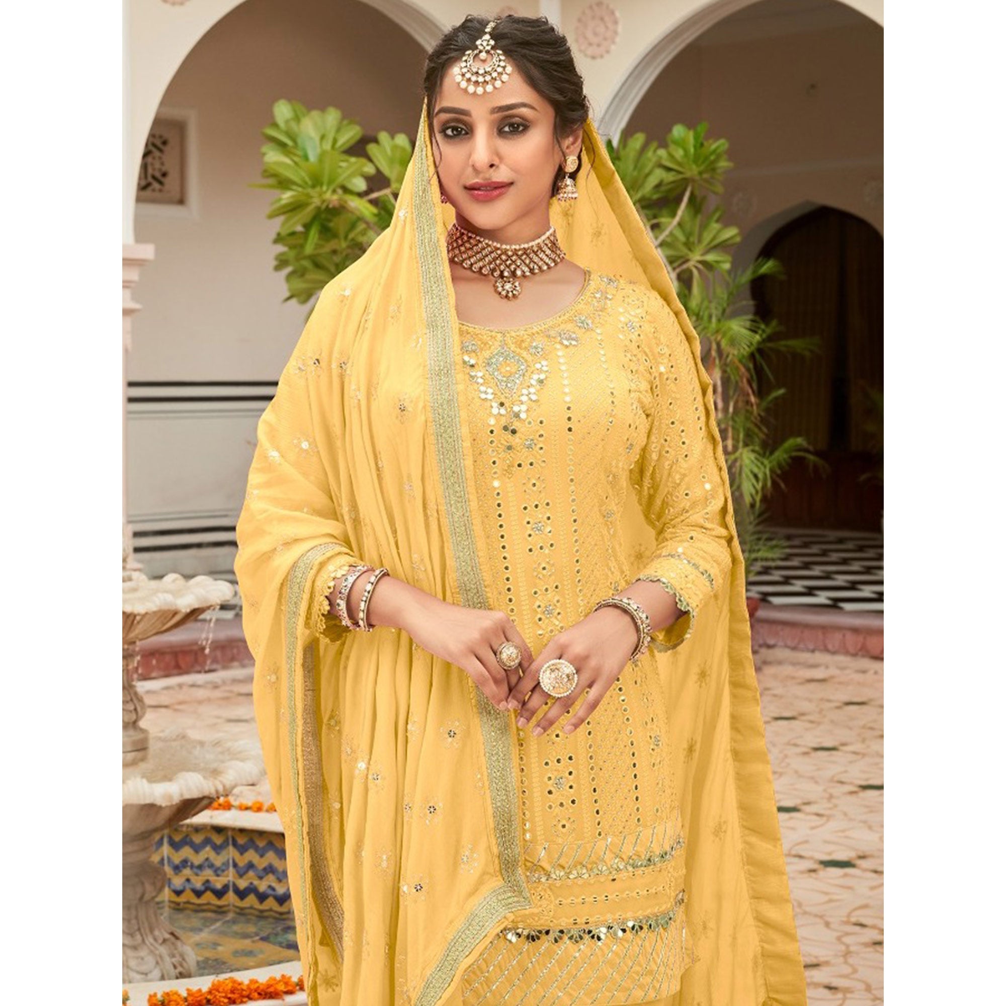 Yellow Mirror Work Georgette Sharara Suit