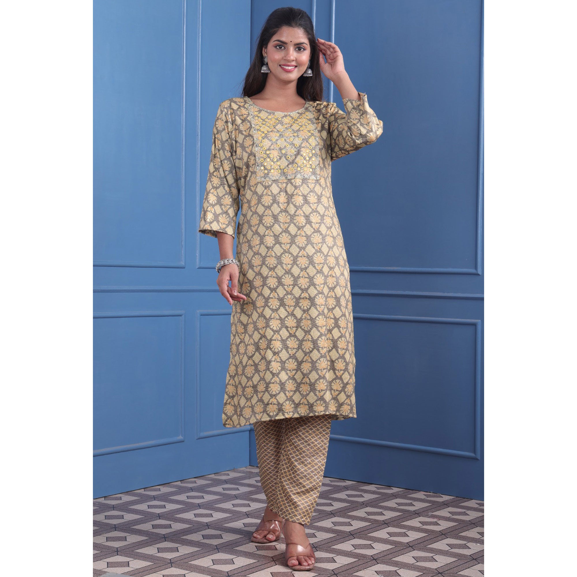 Cream Floral Printed With Embroidered Rayon Suit