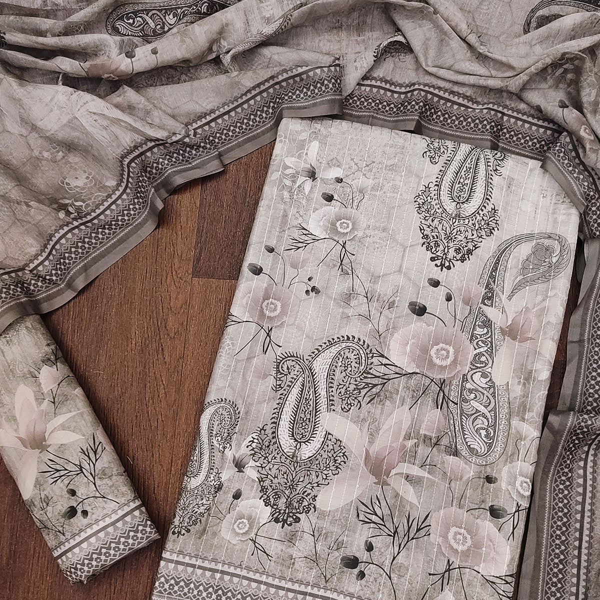 Grey Digital Printed Muslin Dress Material