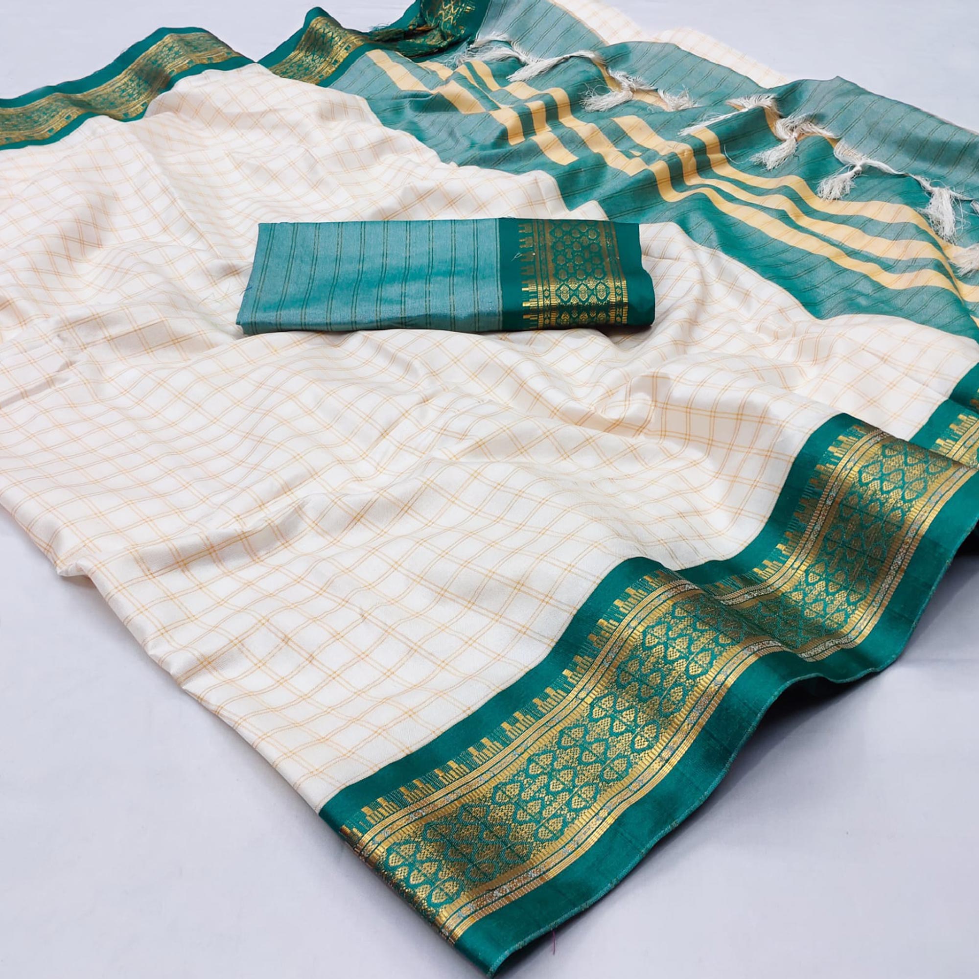White & Rama Green Checks With Woven Border Cotton Silk Saree