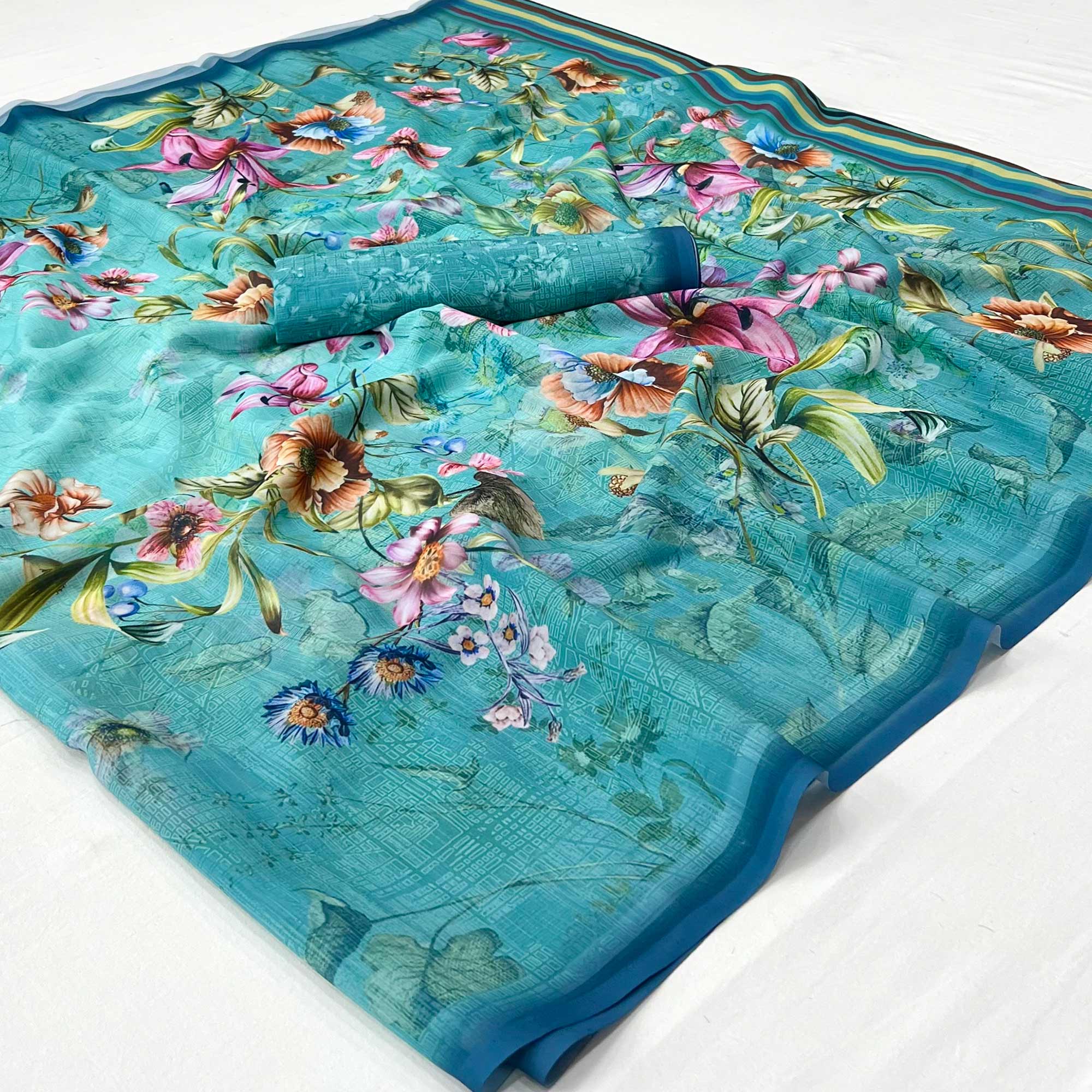 Blue Floral Digital Printed Georgette Saree