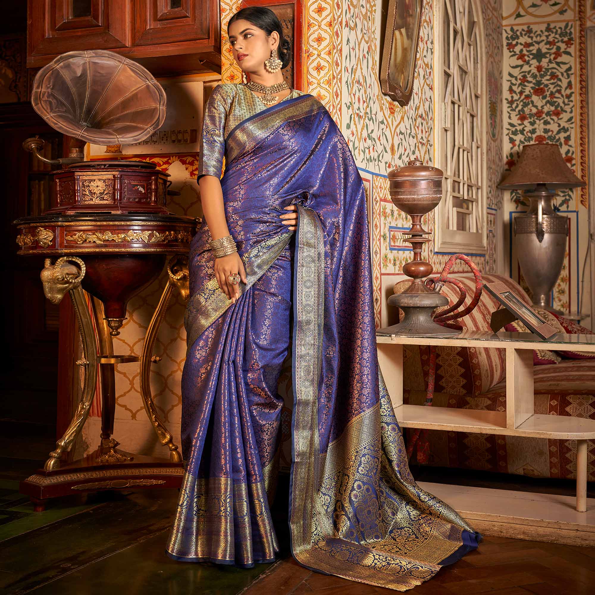 Violet Floral Woven Kanjivaram Silk Saree