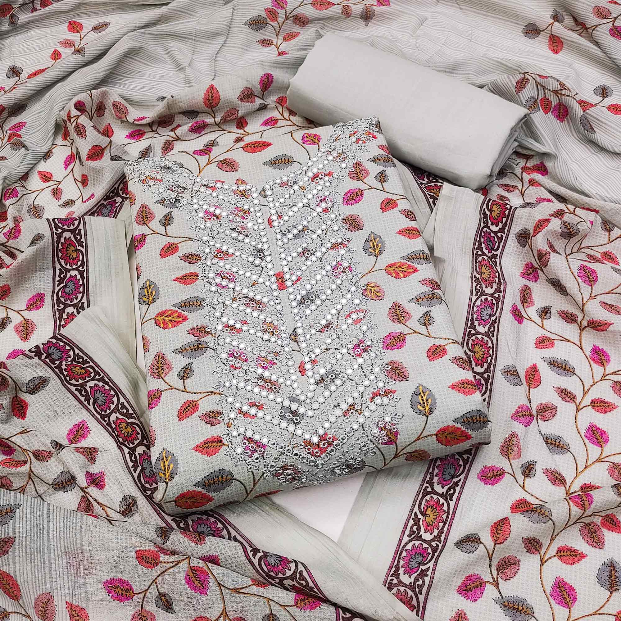 Grey Floral Printed-Mirror Work Pure Cotton Dress Material