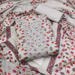 Grey Floral Printed-Mirror Work Pure Cotton Dress Material