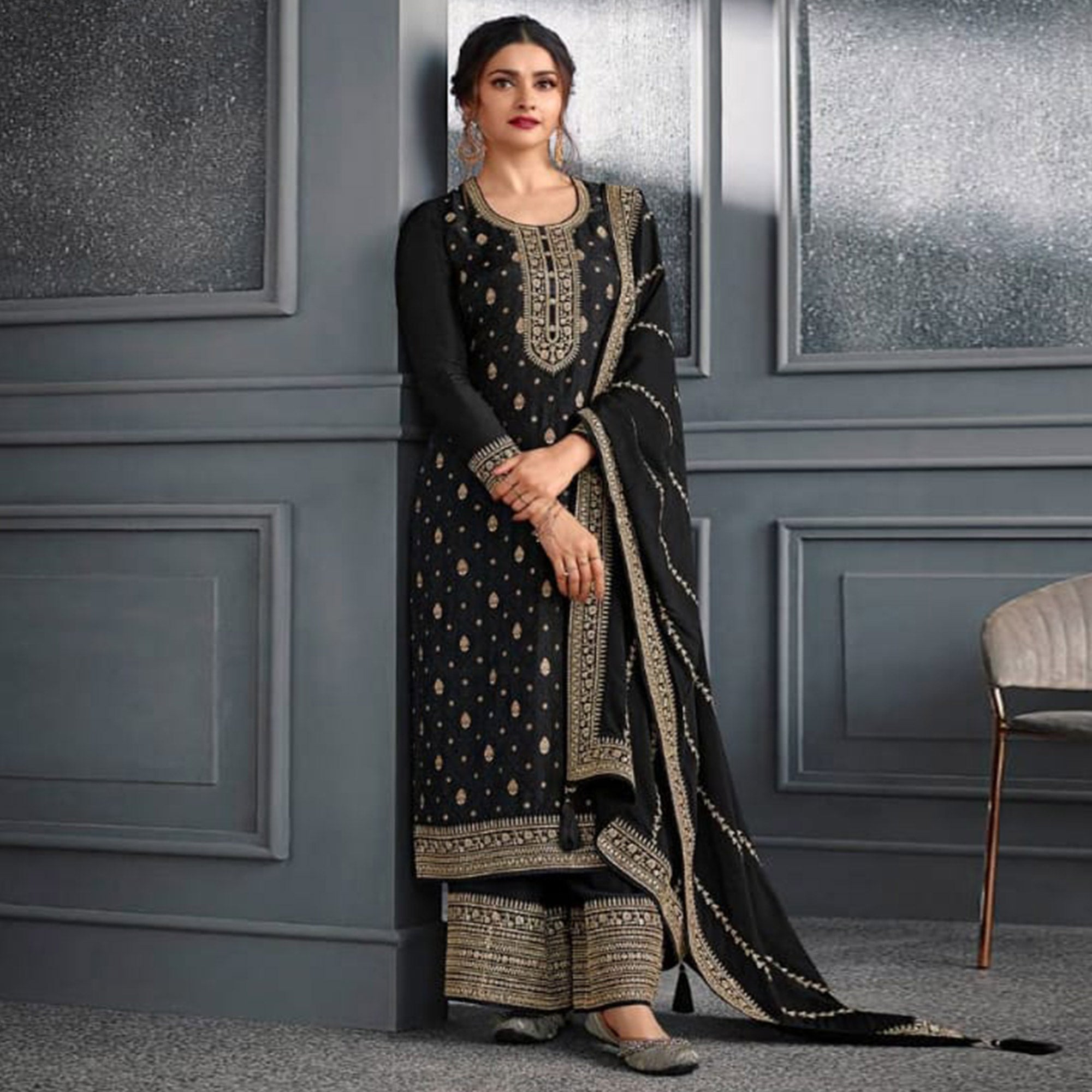 Black Woven With Sequins Embroidered Dola Silk Palazzo Suit