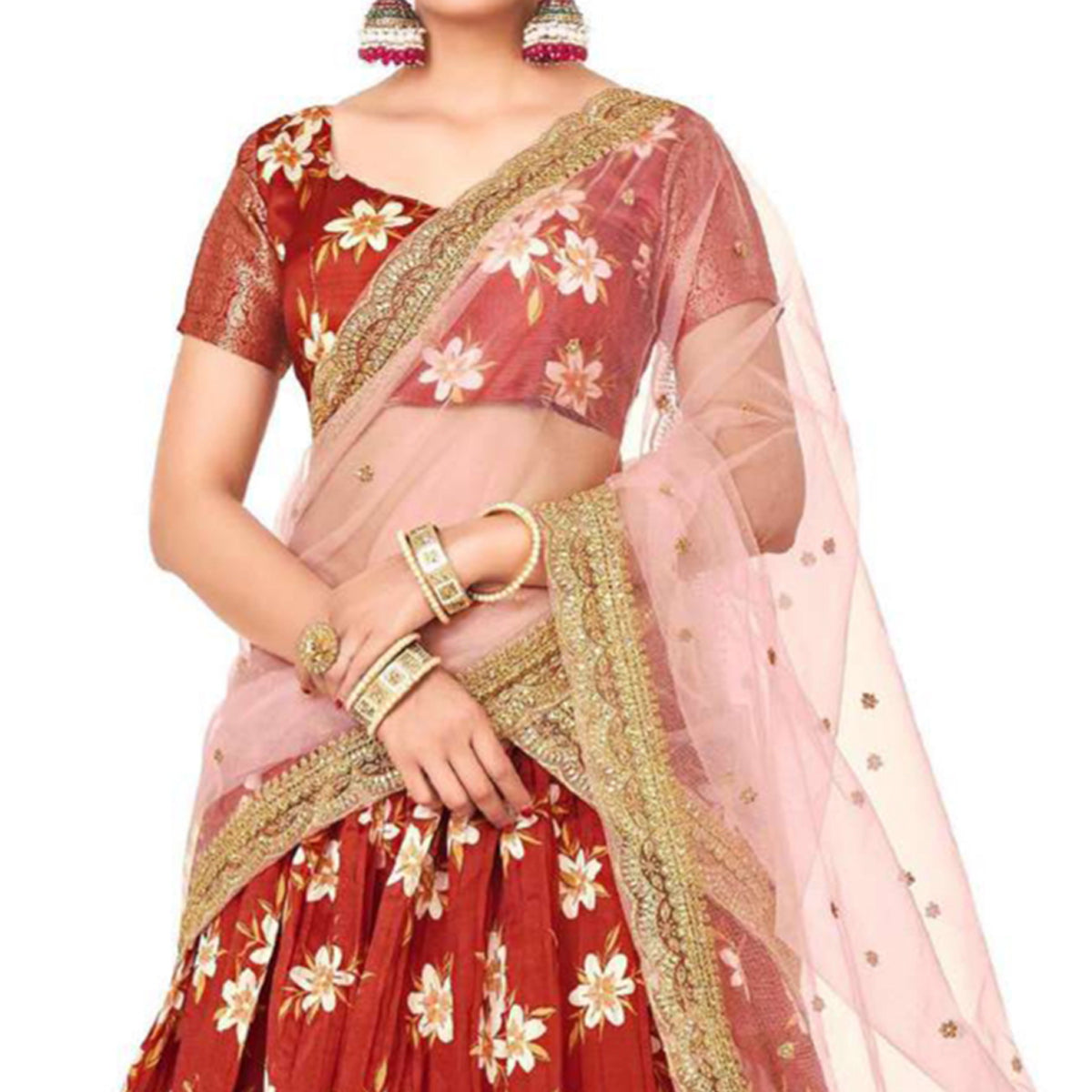 Rust Digital Printed With Zari Work Art Silk Lehenga Choli