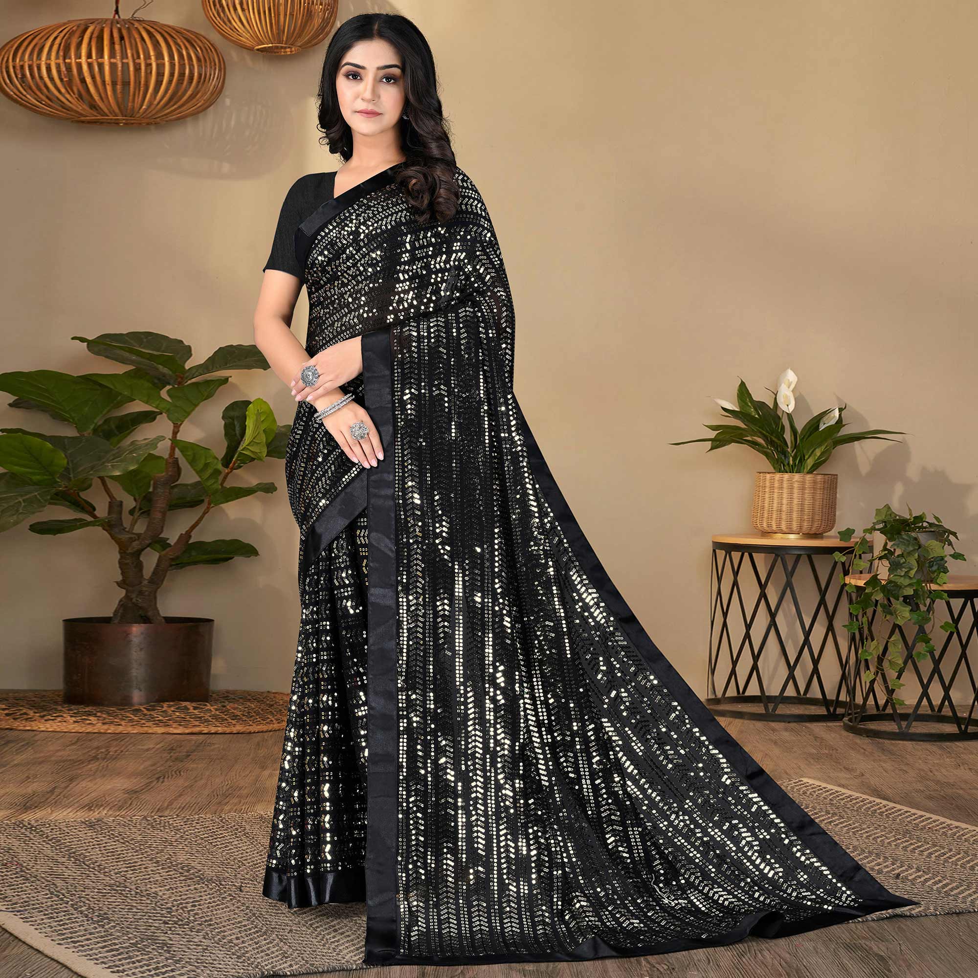 Black Sequins Embroidered Georgette Saree