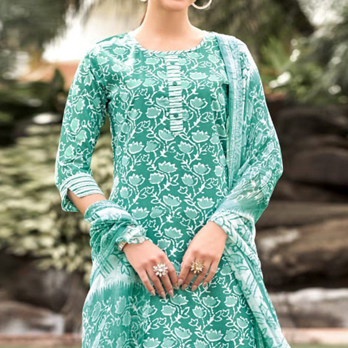 Turquoise Floral Printed Cotton Blend Suit