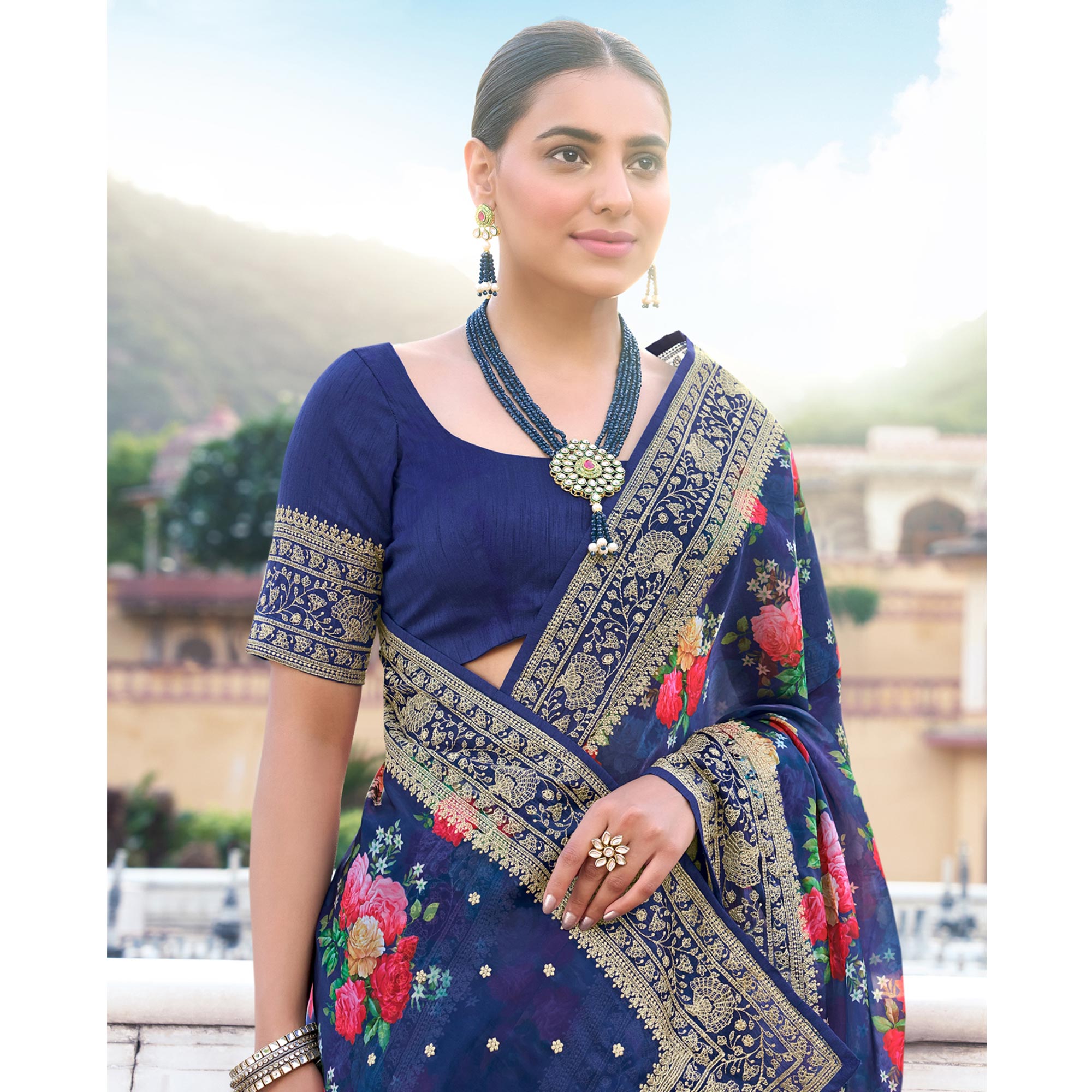 Navy Blue Floral Printed With Embroidered Organza Saree