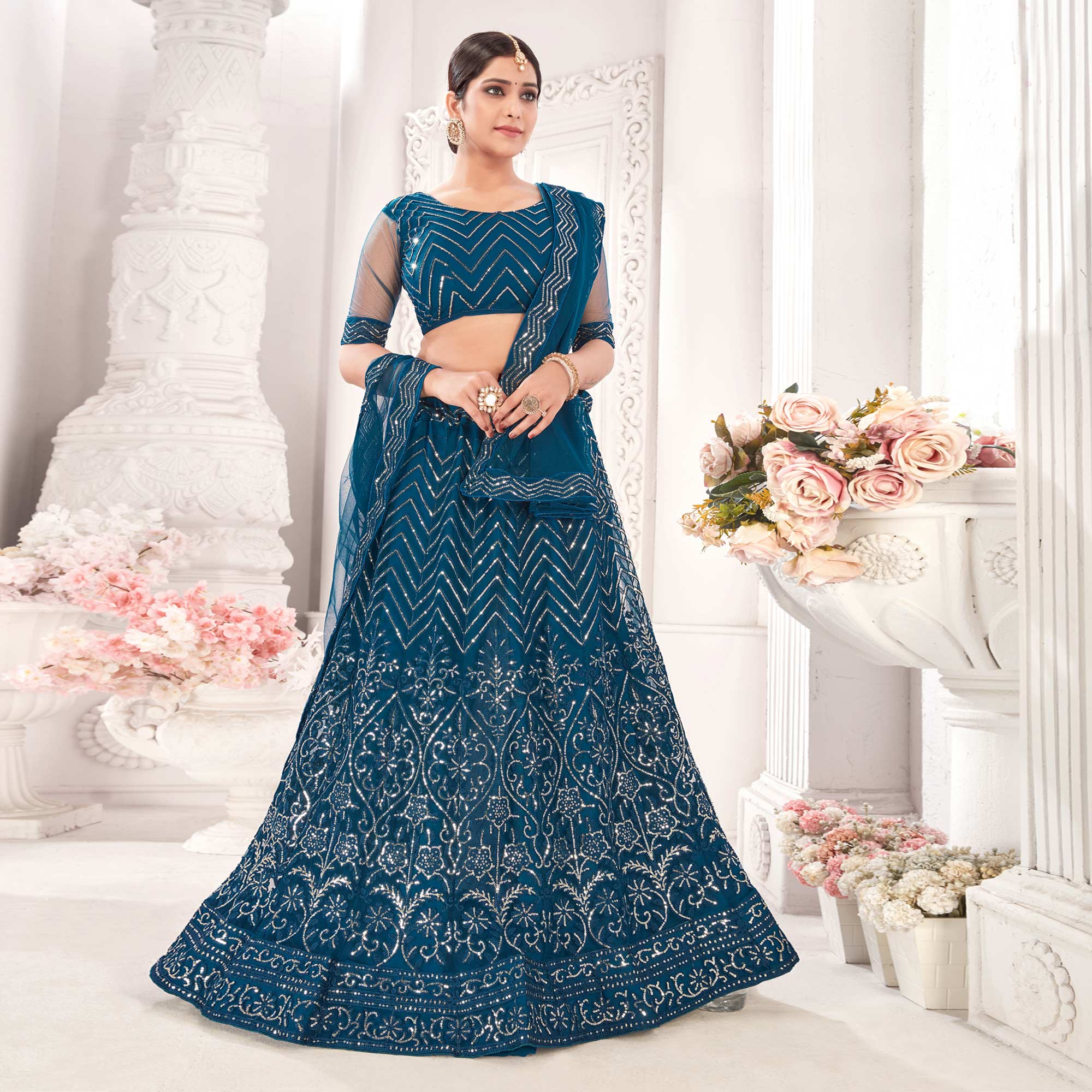 Teal Blue Sequins Embroidered Netted Lehenga Choli